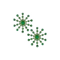 Emerald and Diamond Starburst Style Earrings in 18kt Yellow Gold