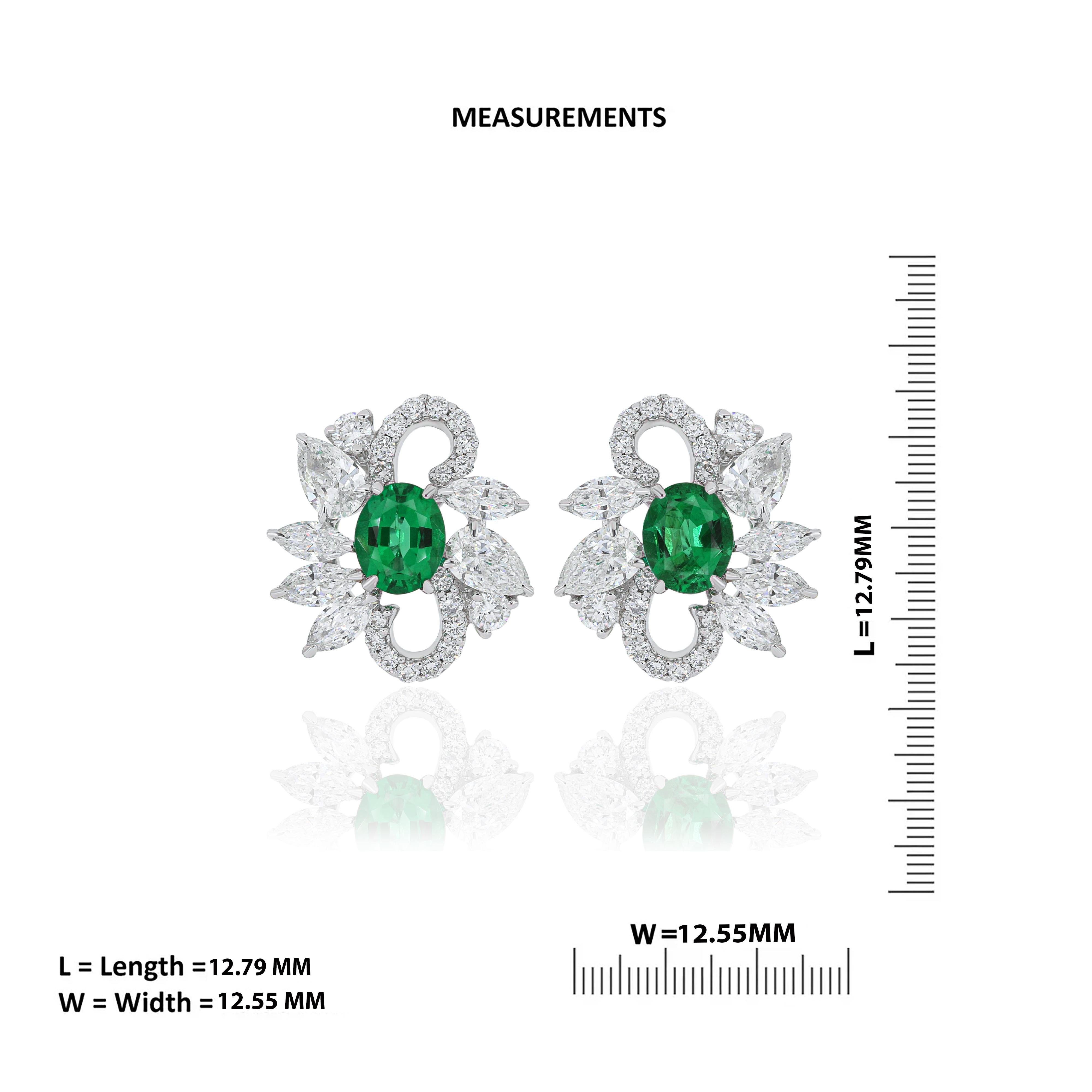 Women's Emerald and Diamond Studded Earring in 18 Karat White Gold handcraft Earring For Sale