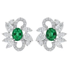 Emerald and Diamond Studded Earring in 18 Karat White Gold handcraft Earring