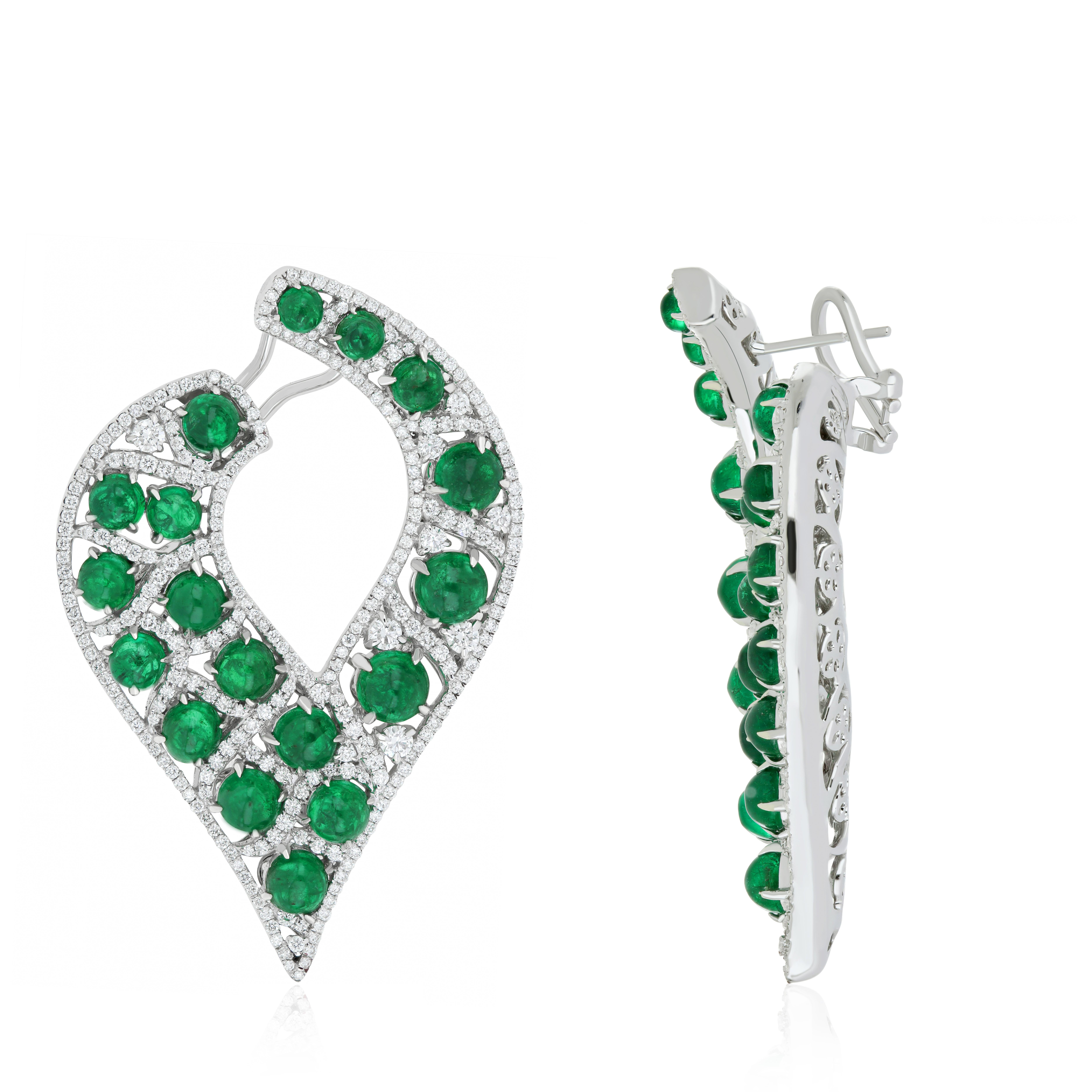 Elegant and Exquisitely detailed 14k White Gold Earring with 17.3Cts (approx.) Tyre shape Emerald and accented with Micro pave set Diamonds, weighing approx.  3.7CT's (approx.). total carat weight to further enhance the beauty of the Earring.