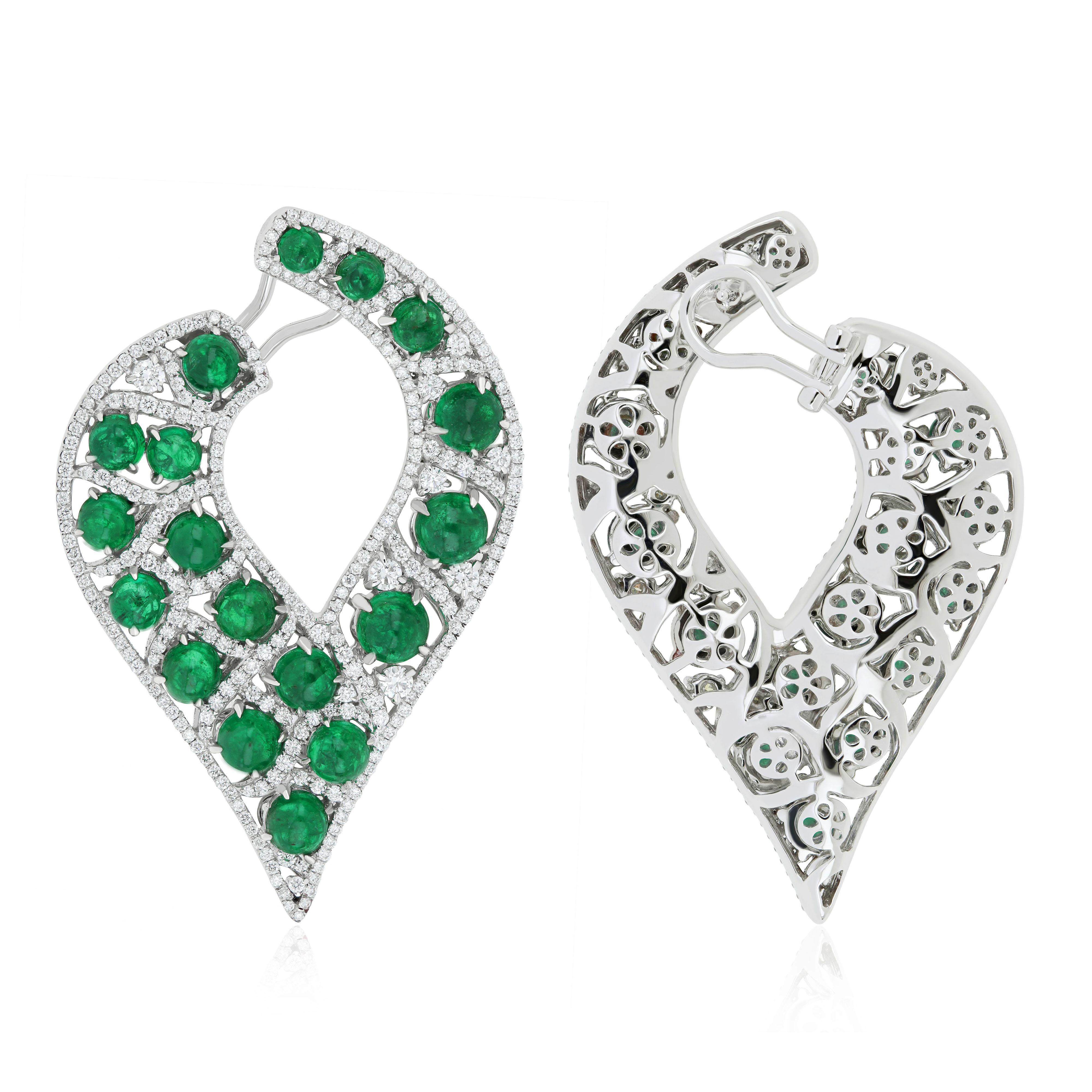 Round Cut Emerald and Diamond Studded Earrings in 14K White Gold For Sale