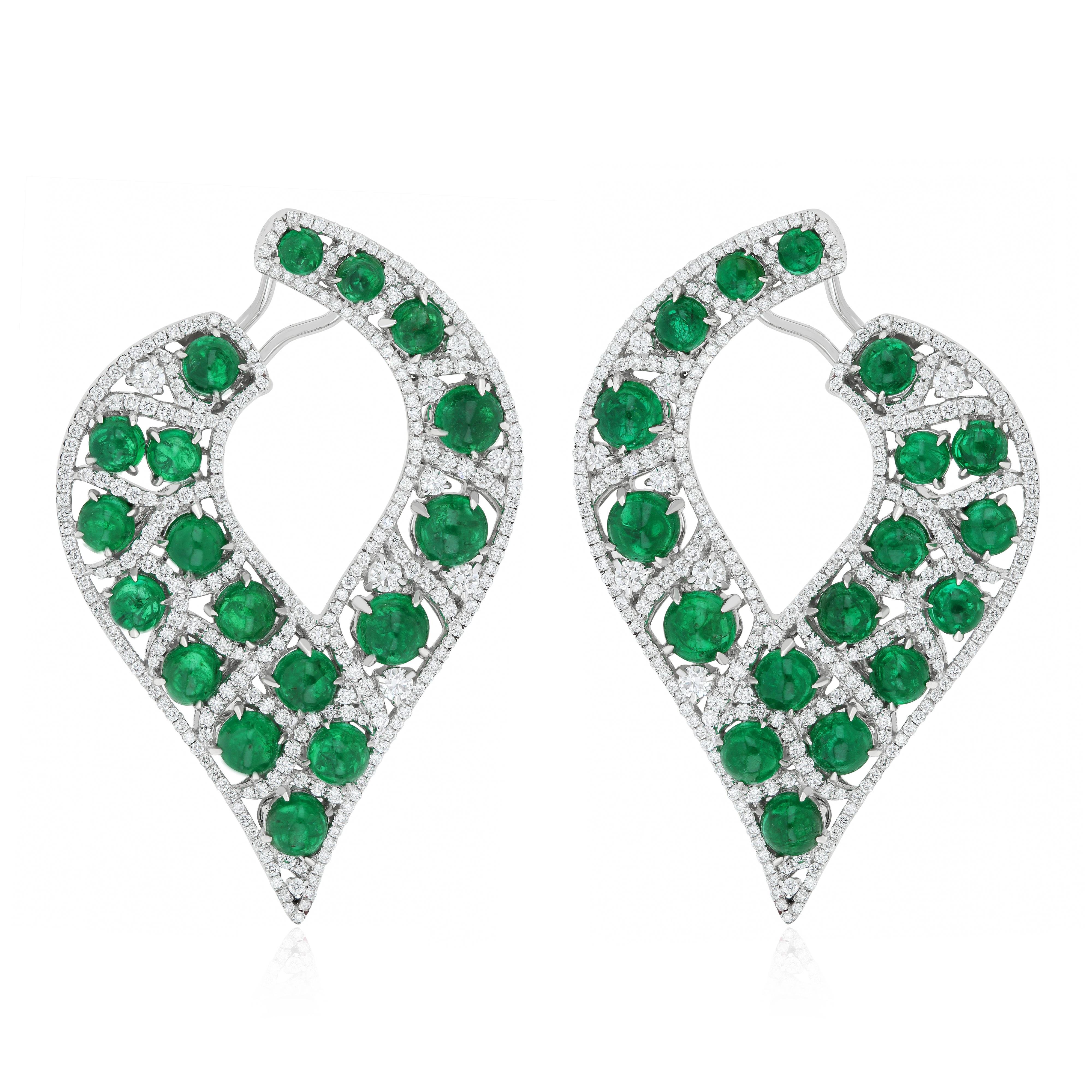 Emerald and Diamond Studded Earrings in 14K White Gold For Sale 1