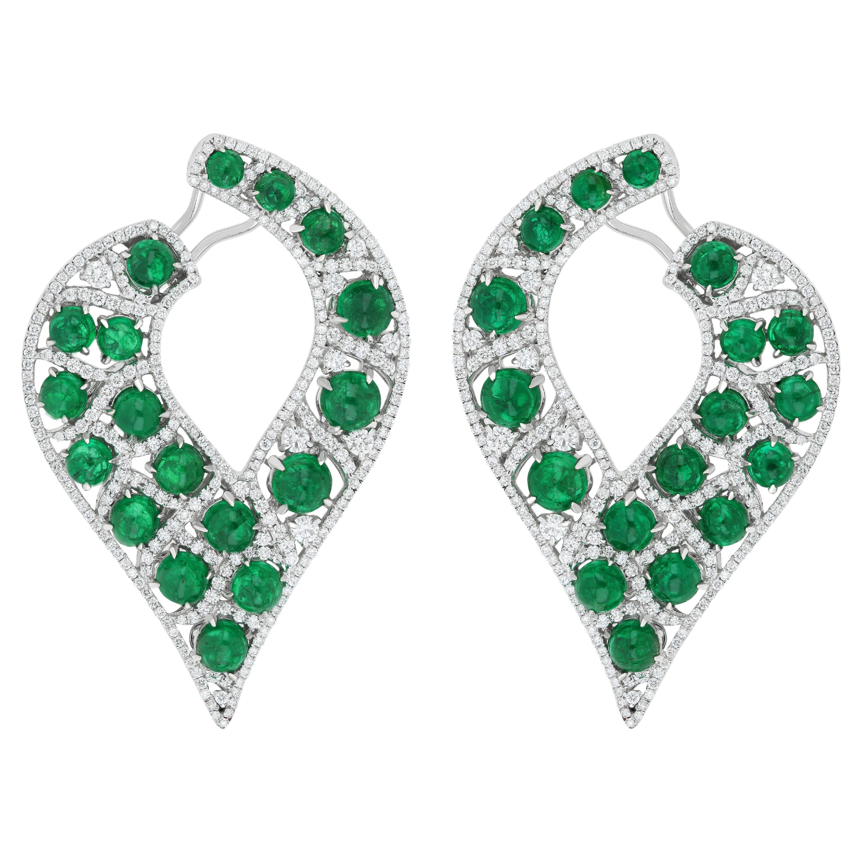 Emerald and Diamond Studded Earrings in 14K White Gold For Sale