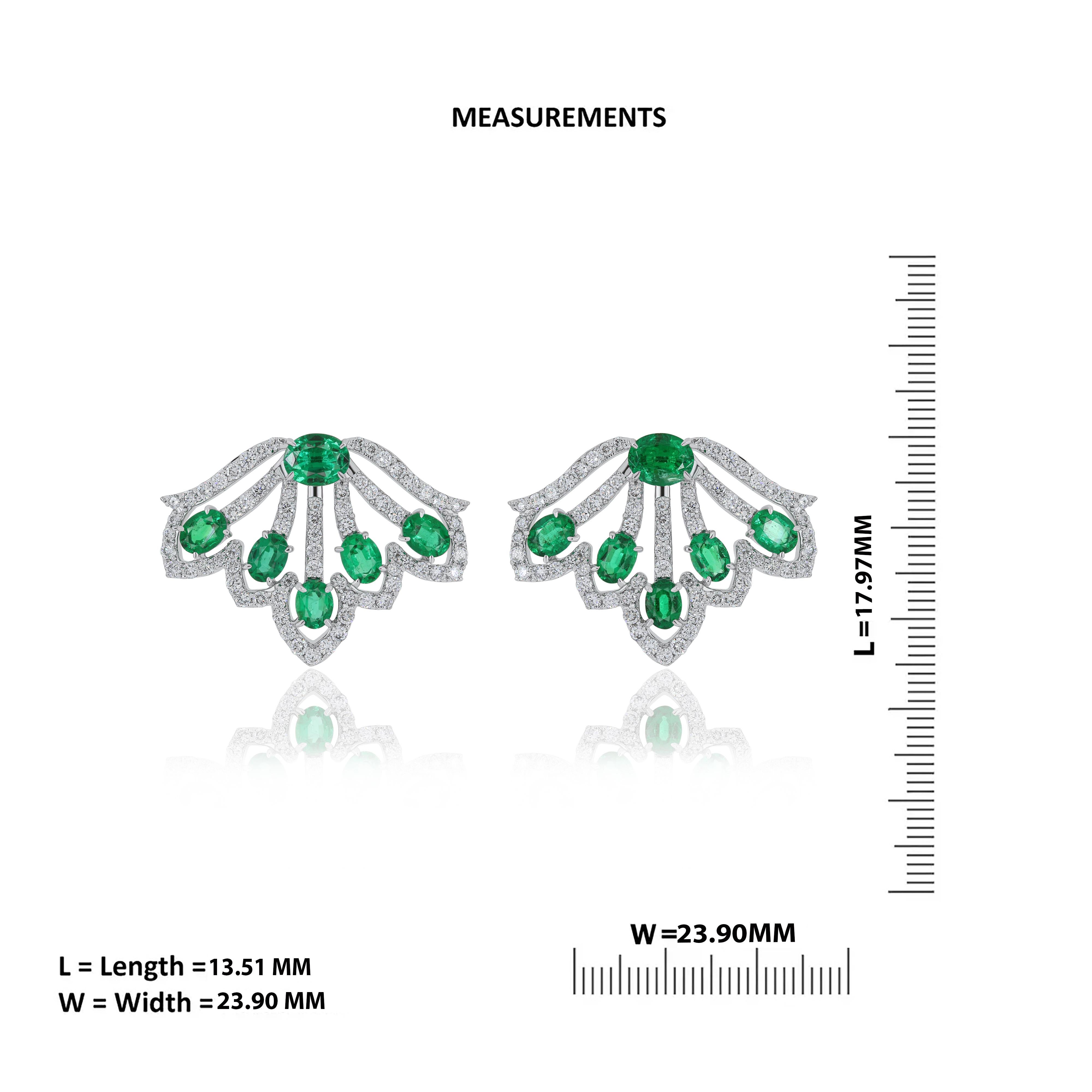 Women's Emerald and Diamond Studded Earrings in 18 Karat White Gold For Sale