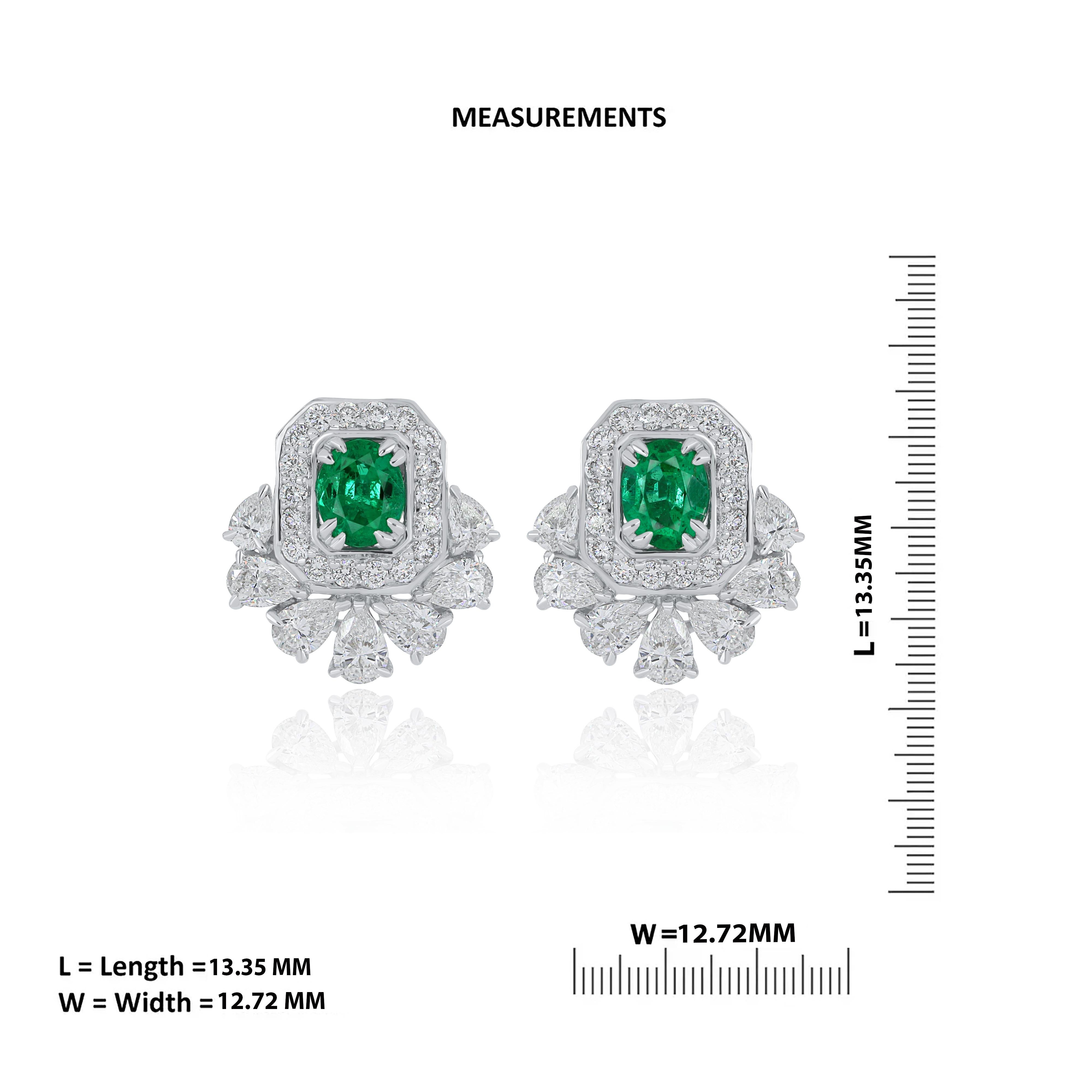 Emerald and Diamond Studded Earrings in 18 Karat White Gold Handcraft Jewelry For Sale 1