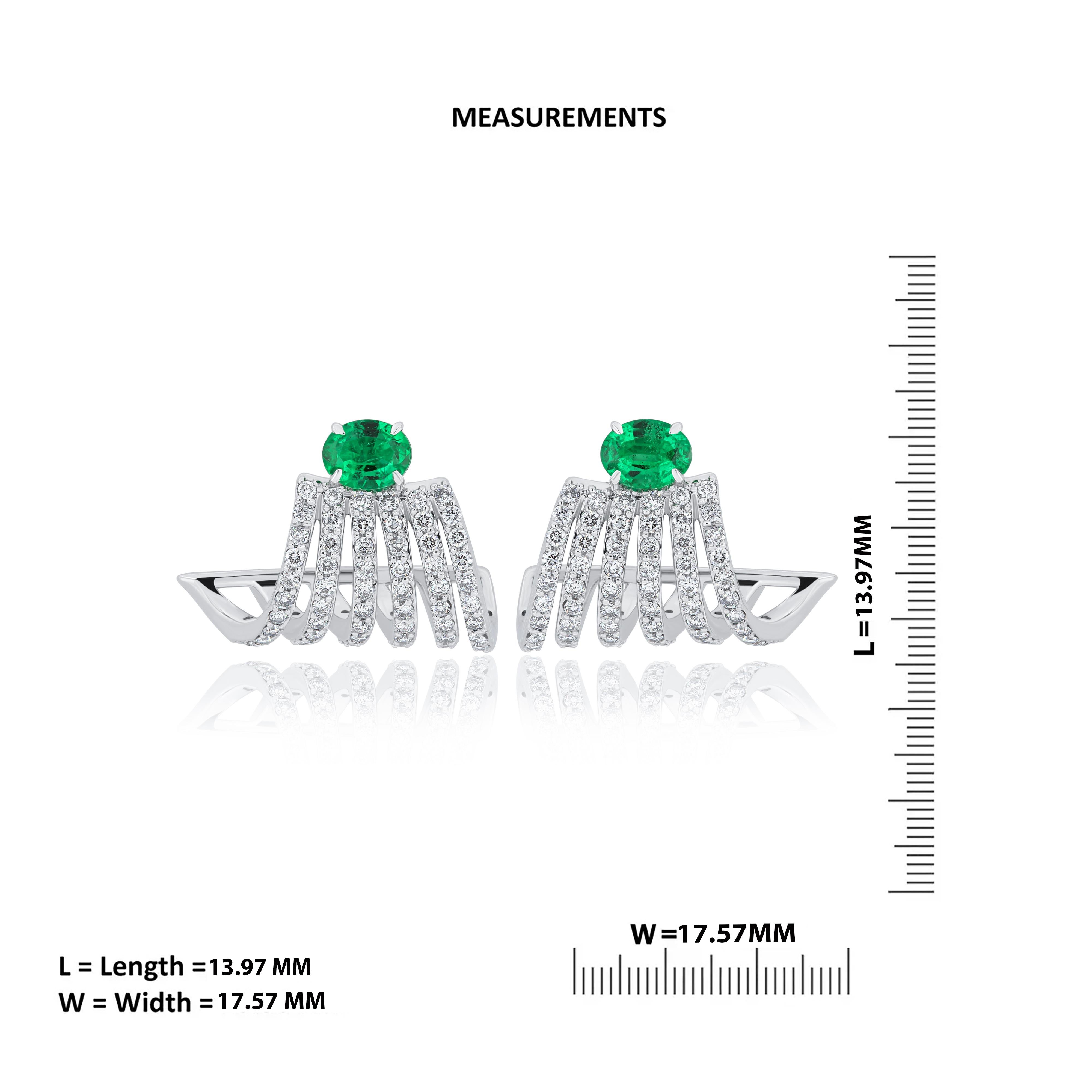 Emerald and Diamond Studded Earrings in 18 Karat White Gold For Sale 1