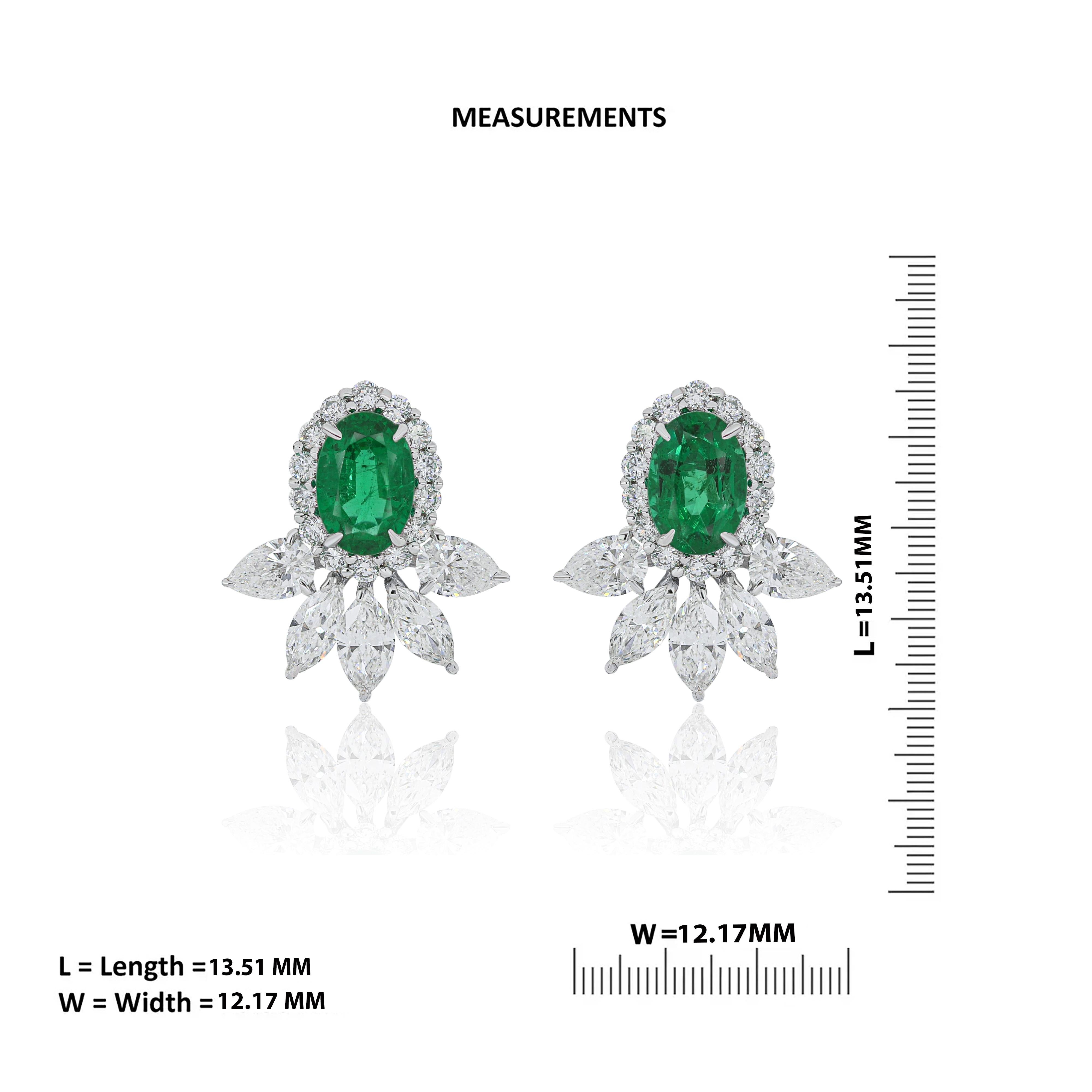 Women's Emerald and Diamond Studded Earrings in 18 Karat White Gold handcraft jewelry For Sale