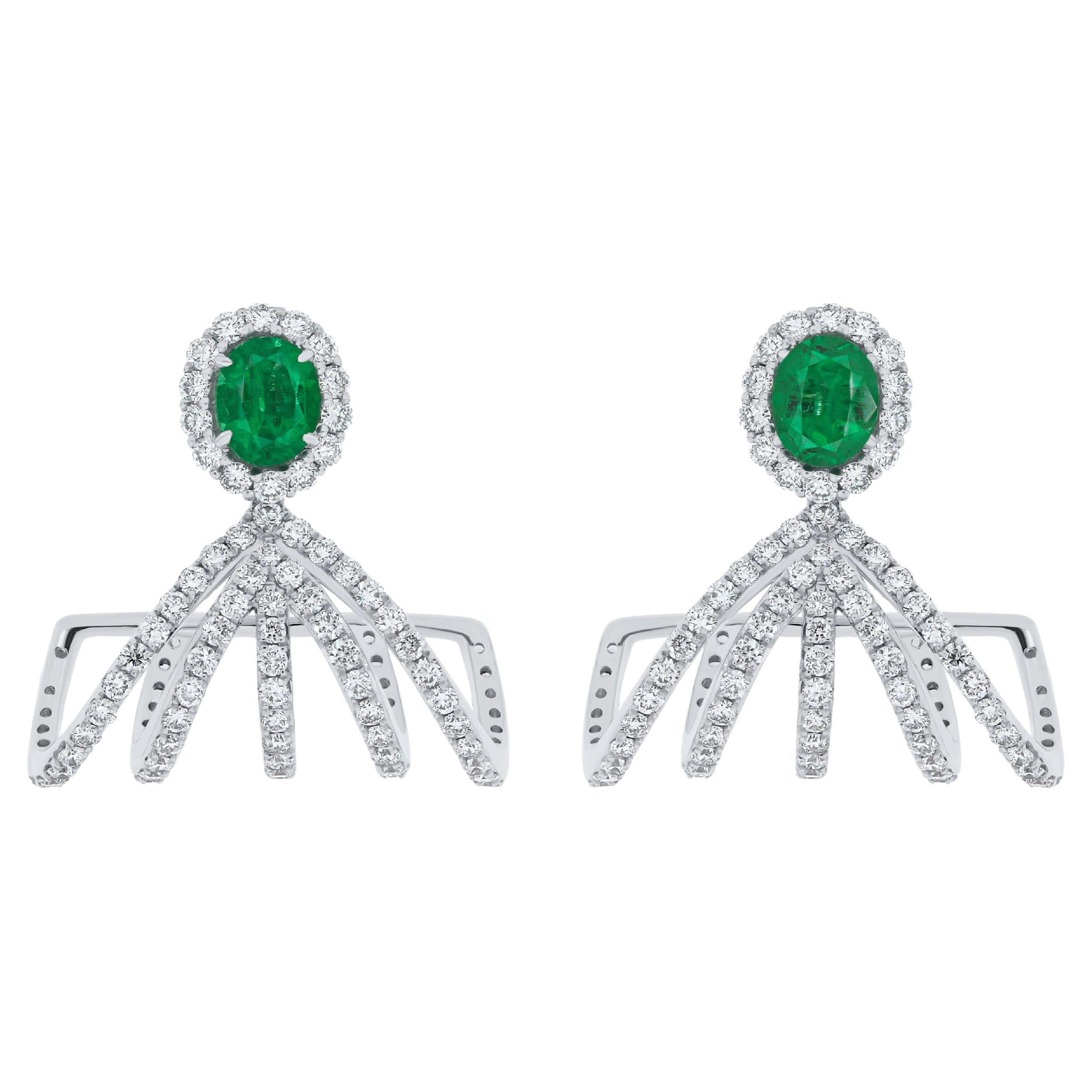 Emerald and Diamond Studded Earrings in 18 Karat White Gold For Sale