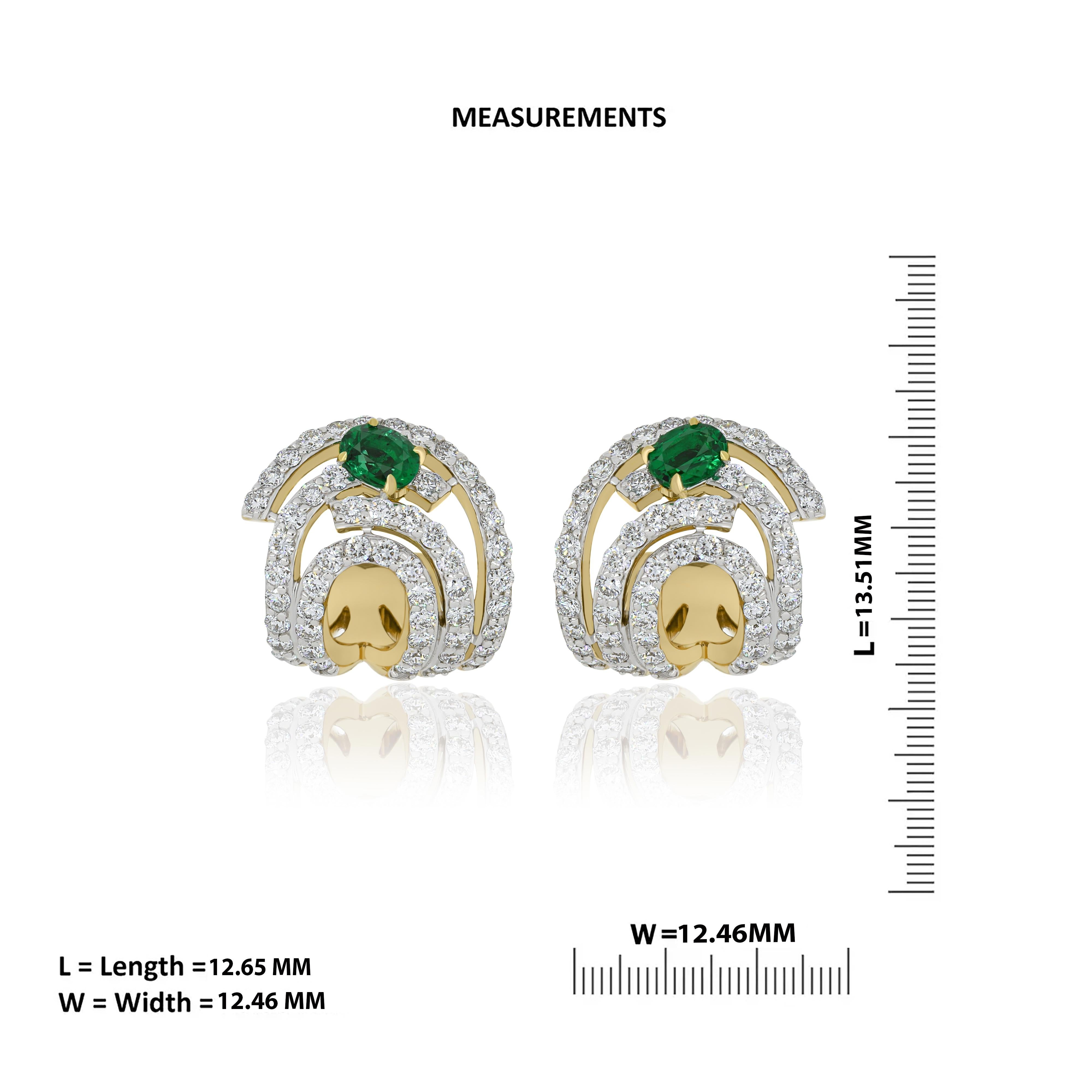 Oval Cut Emerald & Diamond Studded Earrings in 18K Yellow Gold jewelry, handcraft Earring For Sale