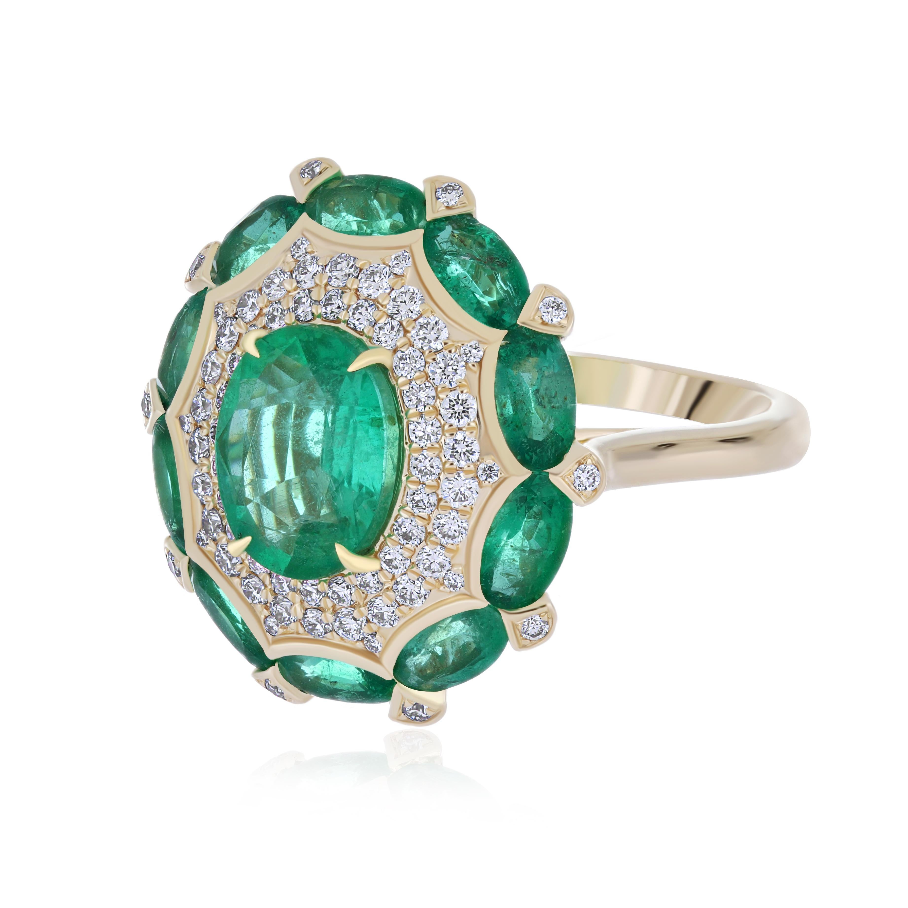 Emerald Cut Emerald and Diamond Studded Hand-Crafted Ring in 14 Karat Yellow Gold Flower For Sale