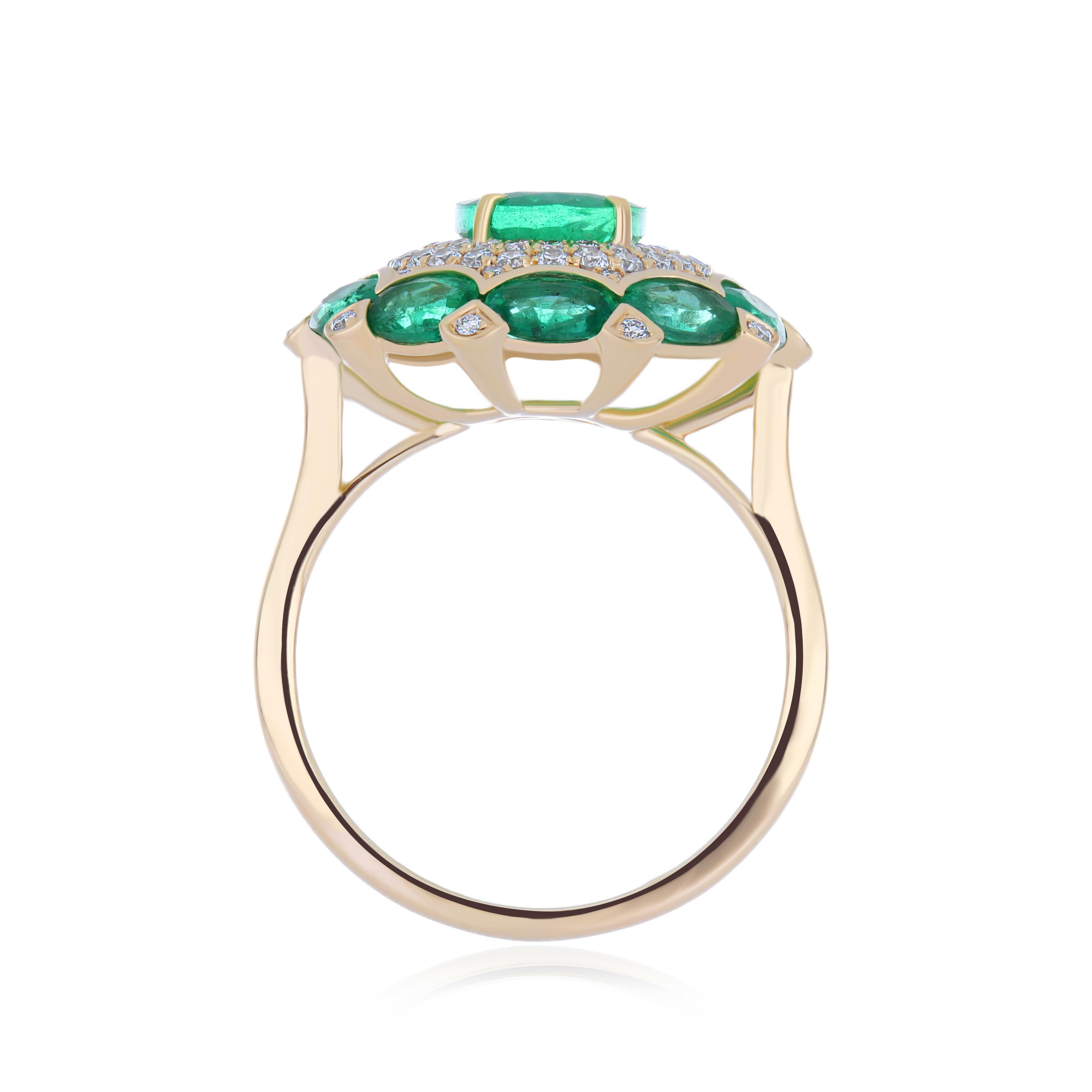Women's Emerald and Diamond Studded Hand-Crafted Ring in 14 Karat Yellow Gold Flower For Sale