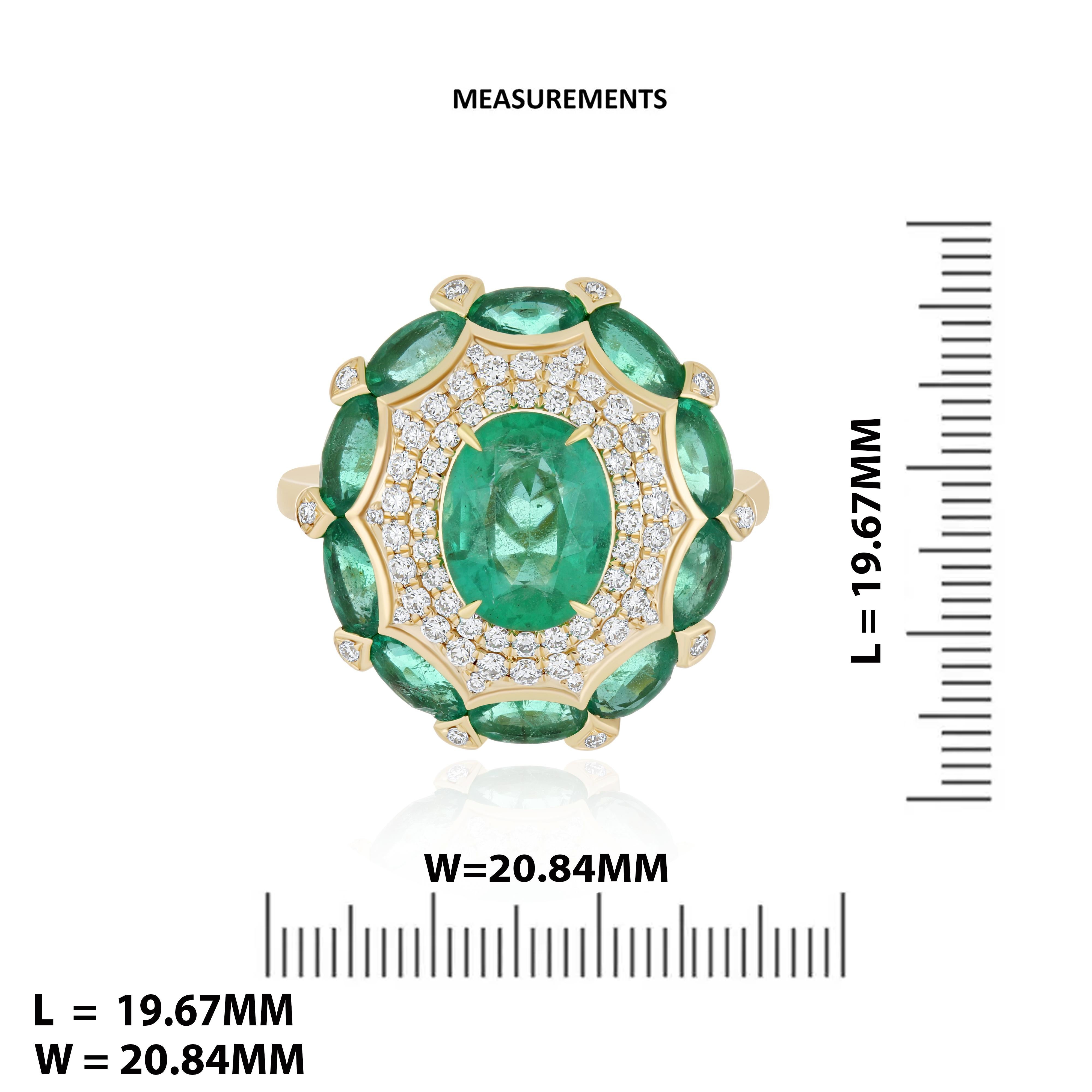 Emerald and Diamond Studded Hand-Crafted Ring in 14 Karat Yellow Gold Flower For Sale 1