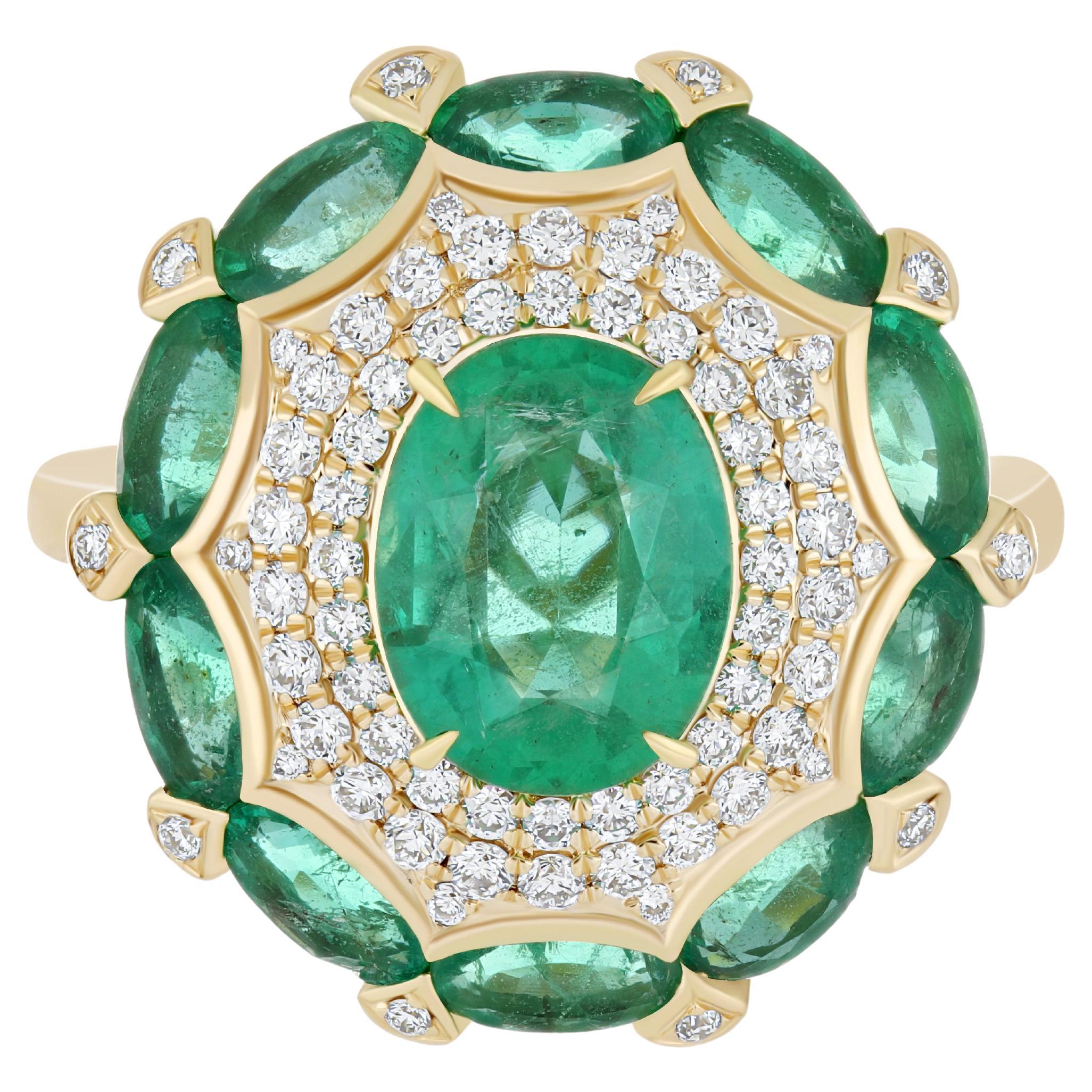 Emerald and Diamond Studded Hand-Crafted Ring in 14 Karat Yellow Gold Flower For Sale