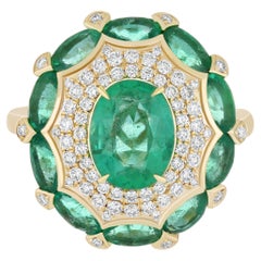 Emerald and Diamond Studded Hand-Crafted Ring in 14 Karat Yellow Gold Flower