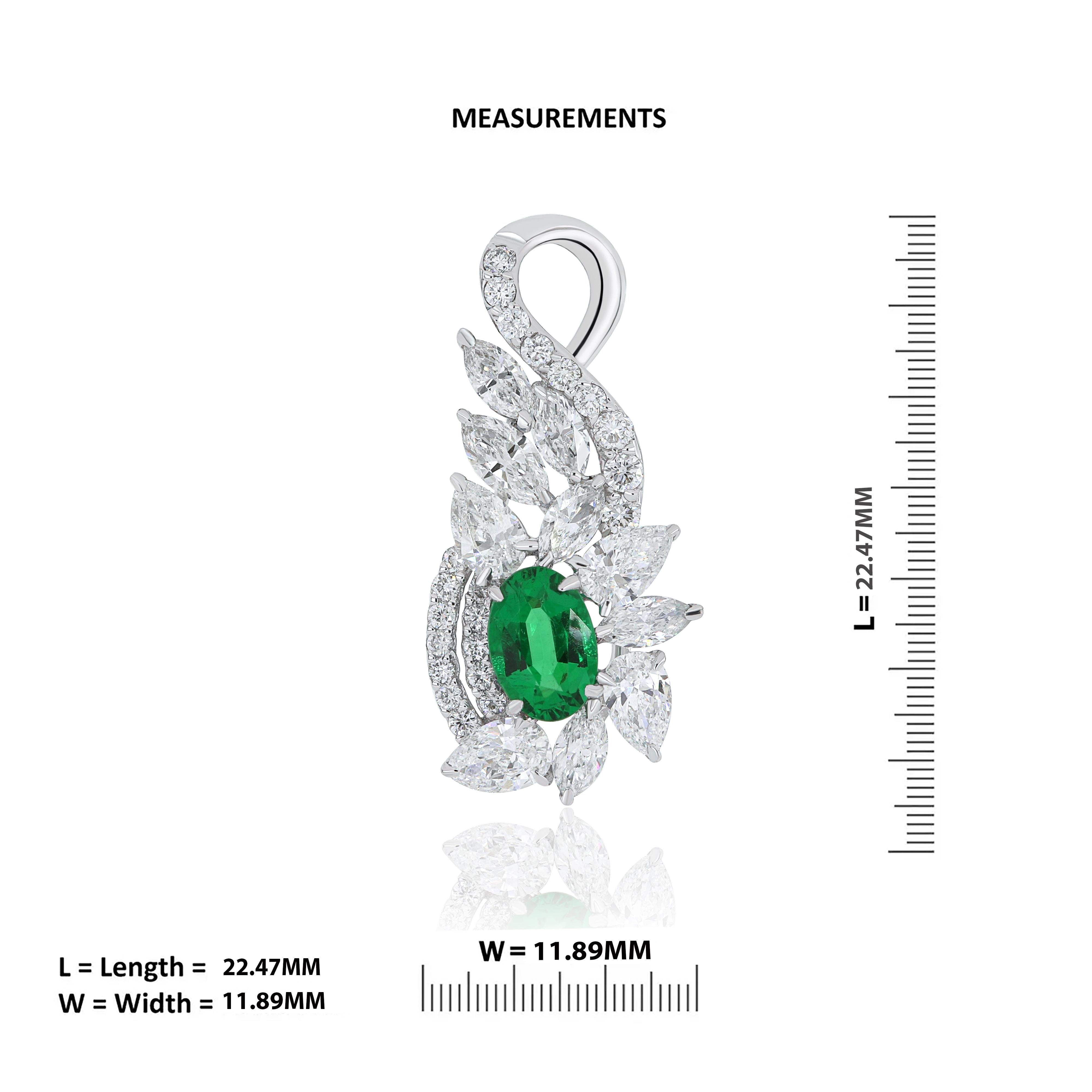 Women's Emerald and Diamond Studded Pendant in 18 Karat White Gold Handcraft jewelry For Sale