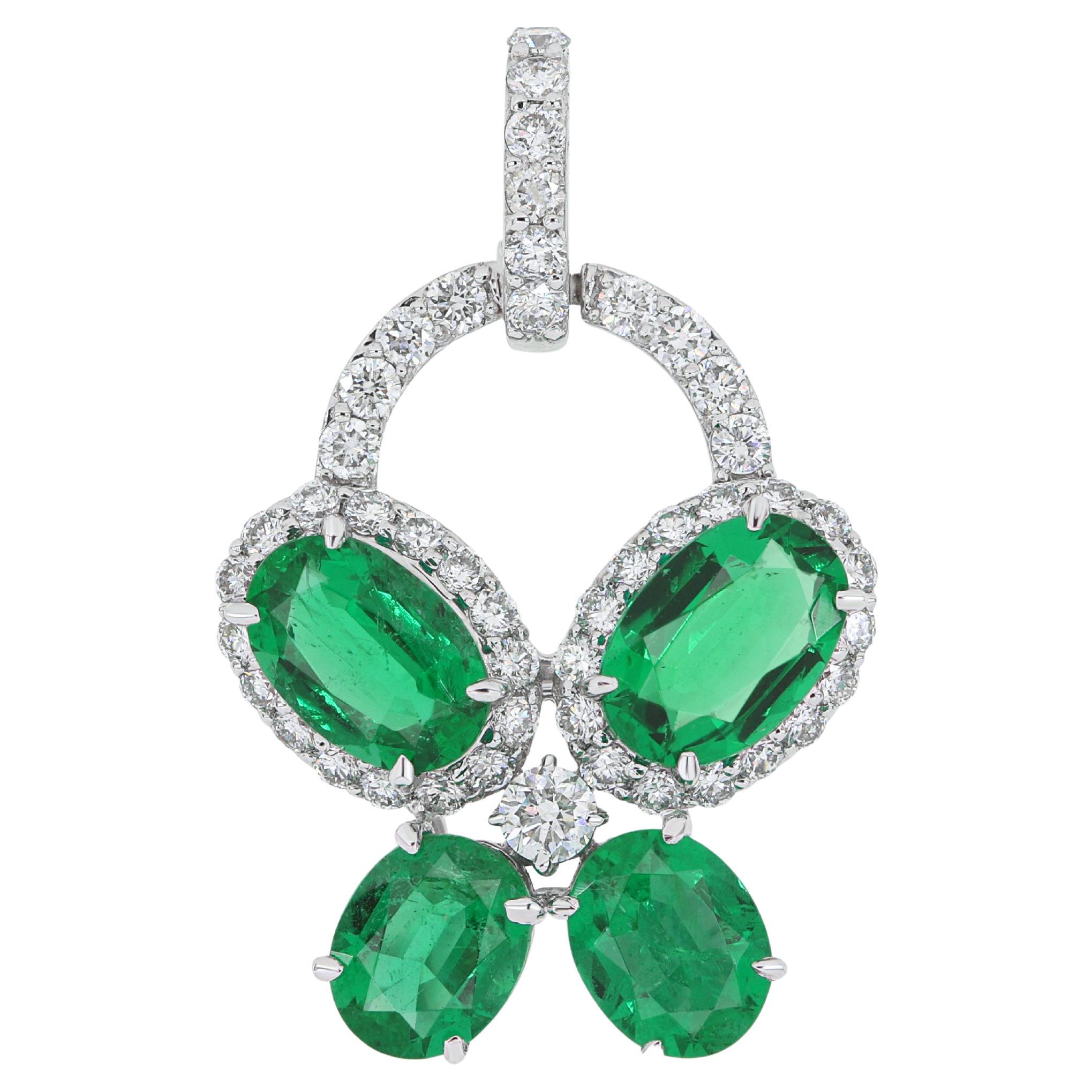 Emerald and Diamond Studded Pendant in 18 Karat White Gold For Sale
