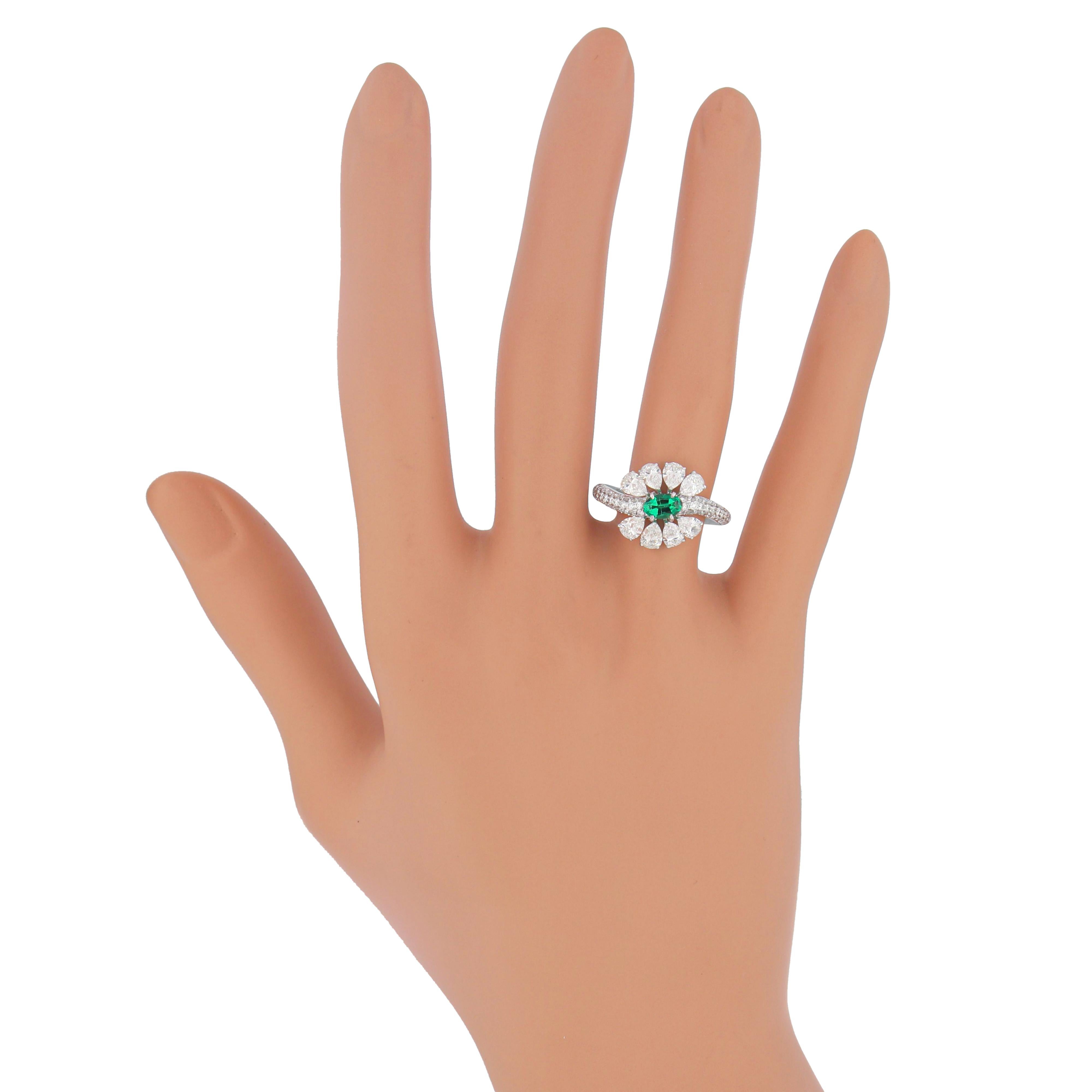 For Sale:  Emerald and Diamond Studded Ring in 18 Karat White Gold handcraft jewelry Ring 6