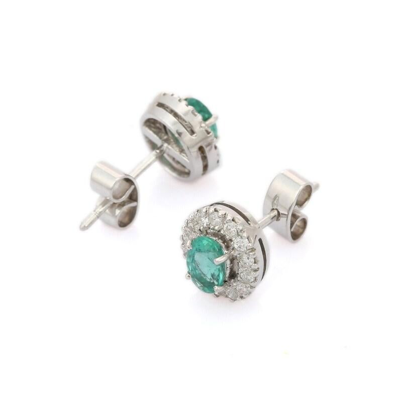 Art Deco Dainty Emerald Diamond Studs in 18 Karat Solid White Gold For Sale