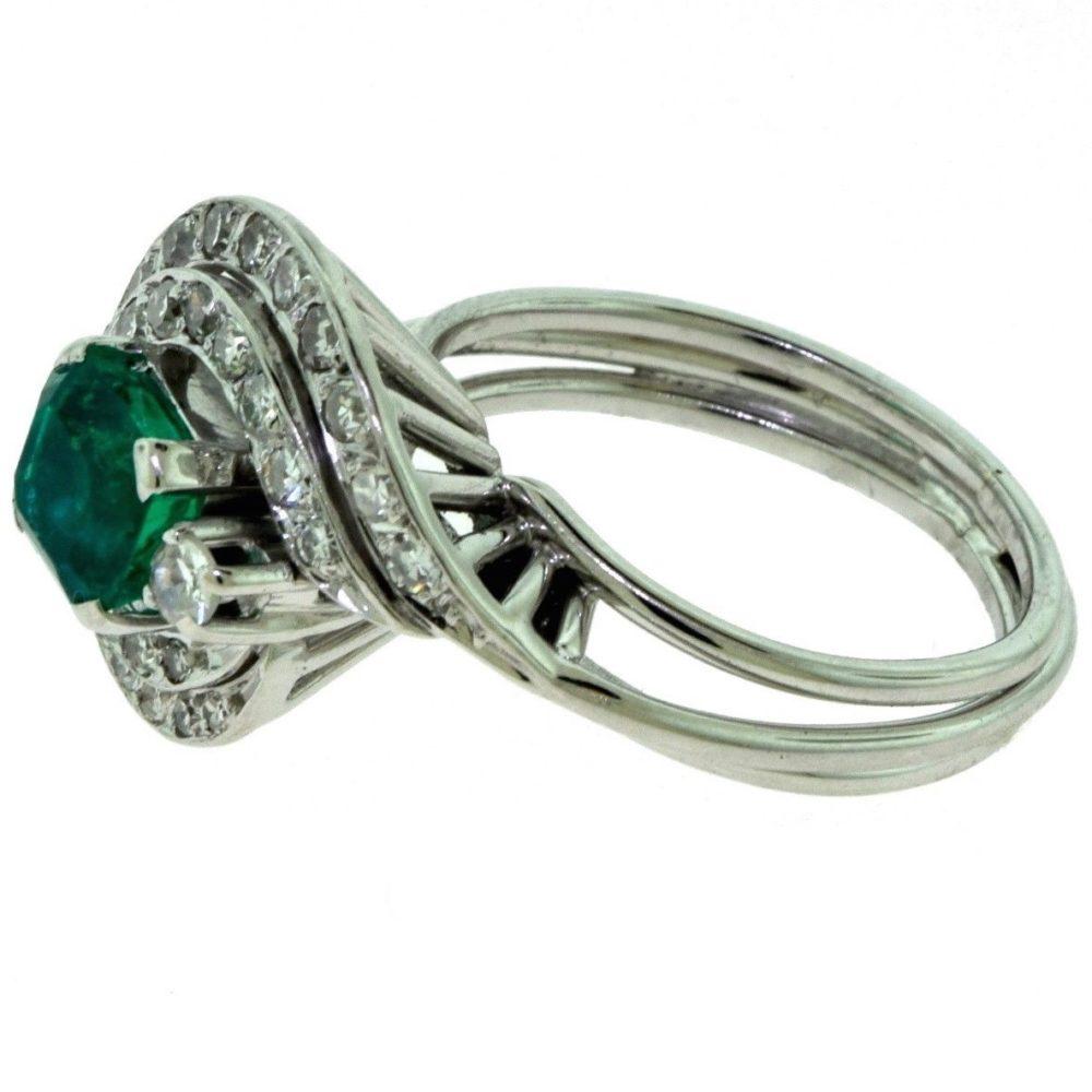 Cushion Cut Emerald and Diamond Swirl Engagement Ring