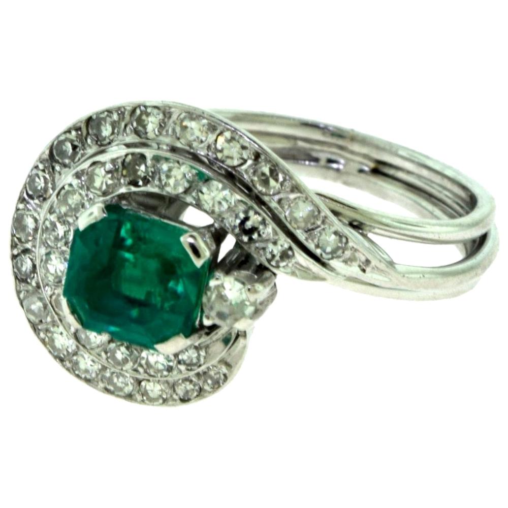 Emerald and Diamond Swirl Engagement Ring For Sale