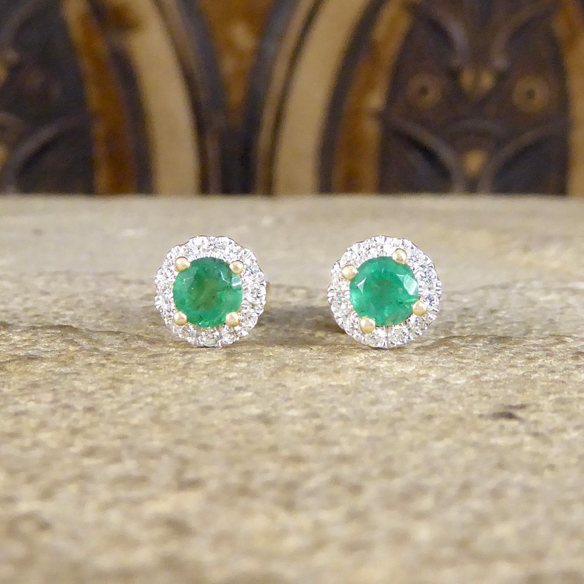 A lovely piece that will stand the test of time and never go out of style. These beautiful Emerald and Diamond stud earrings have been crafted in a target style with an Emerald in the centre surrounded by 12 equally sized Diamonds. Together both