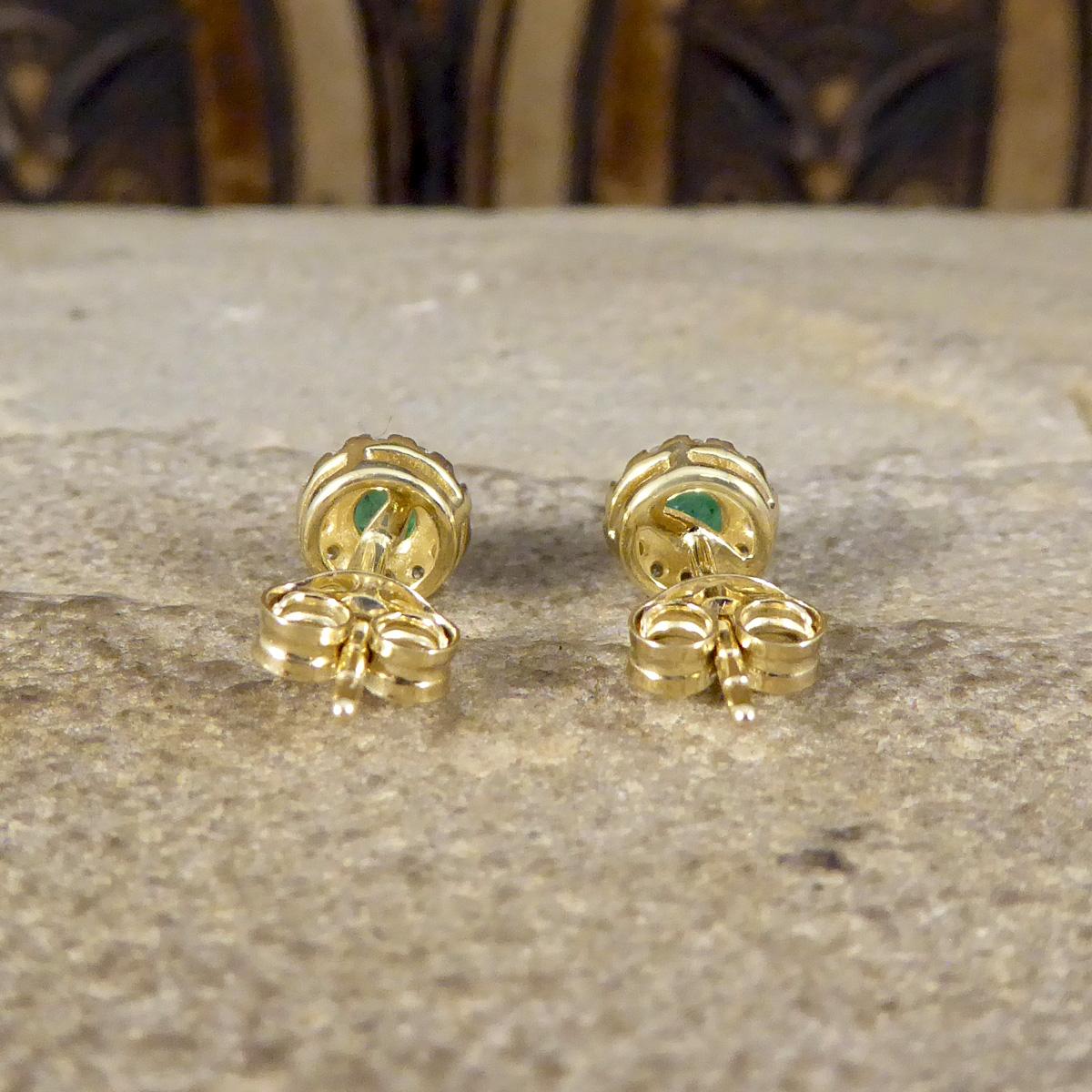 Round Cut Emerald and Diamond Target Cluster Stud Earrings in White and Yellow Gold For Sale
