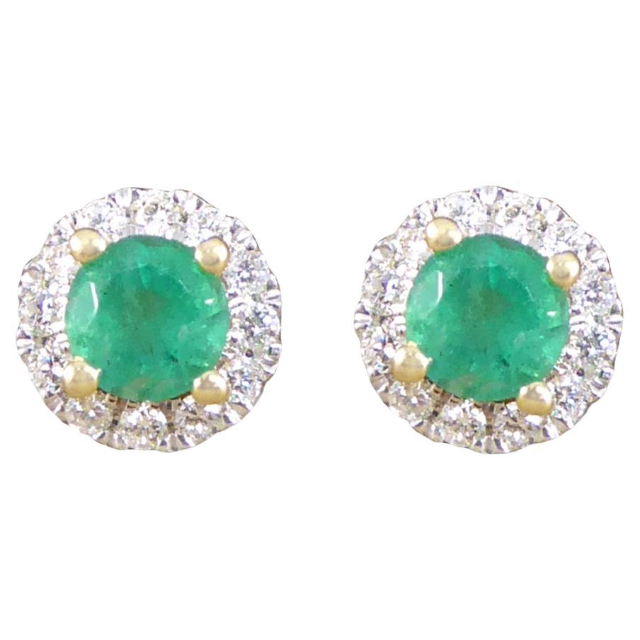 Emerald and Diamond Target Cluster Stud Earrings in White and Yellow Gold For Sale