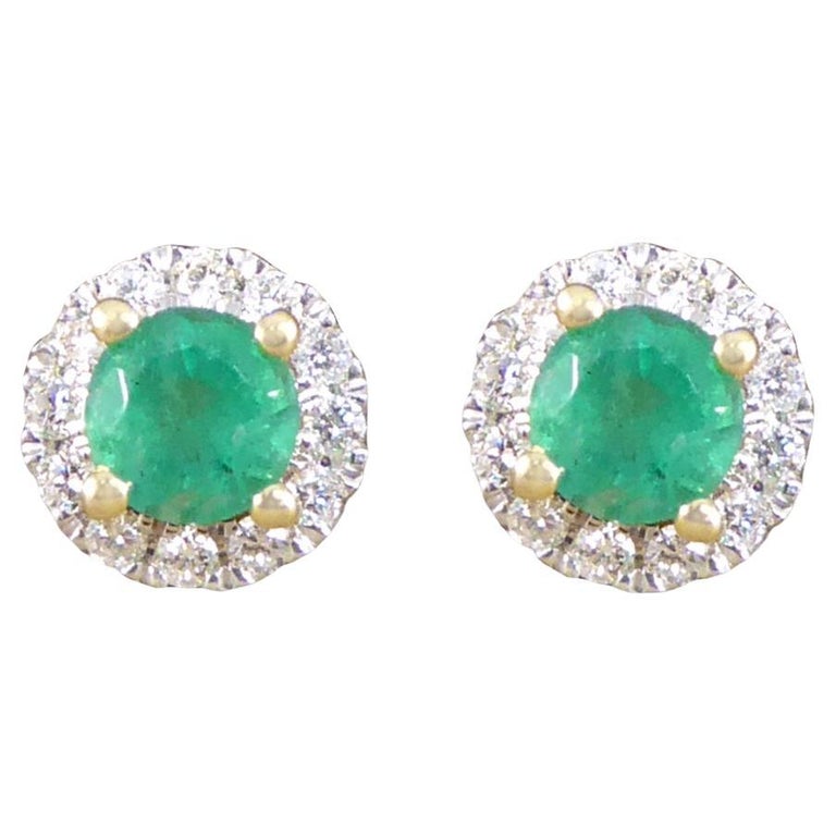 Emerald and Diamond Target Cluster Stud Earrings in White and Yellow