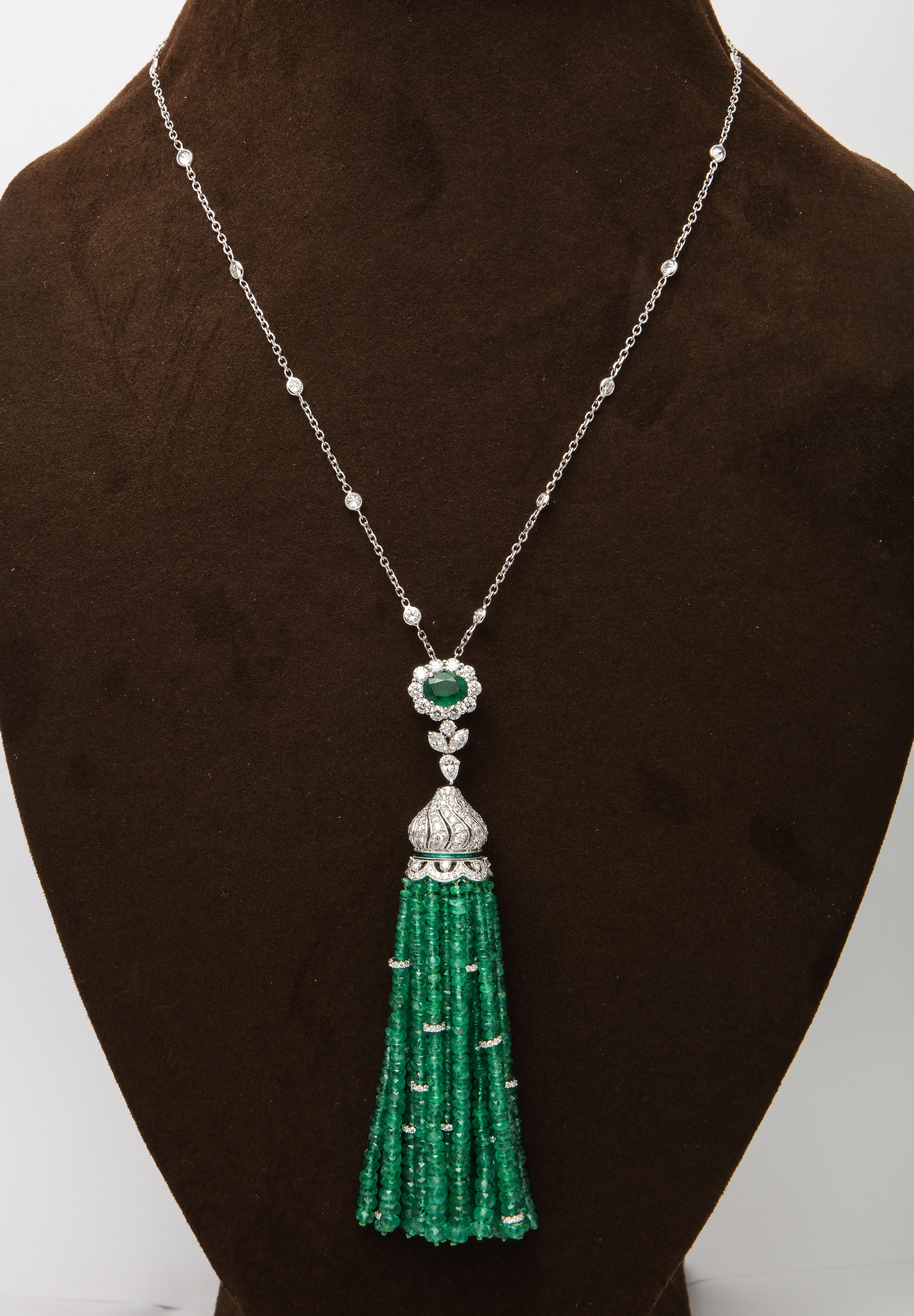 Emerald and Diamond Tassel Necklace For Sale 1