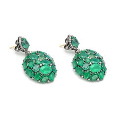 Natural Emerald and Diamond Teardrop Earrings in Victorian Style