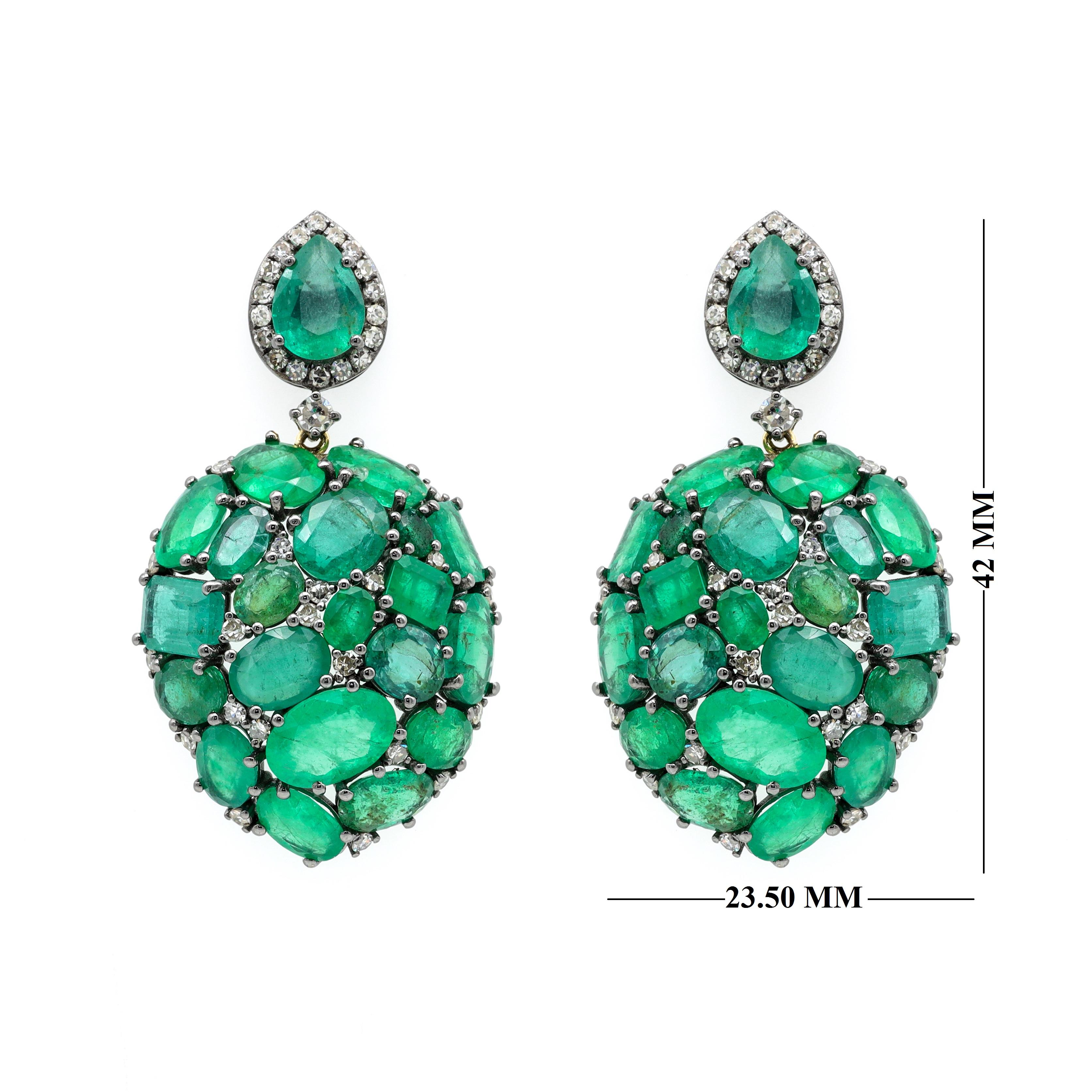 Oval Cut Natural Emerald and Diamond Teardrop Earrings in Victorian Style For Sale