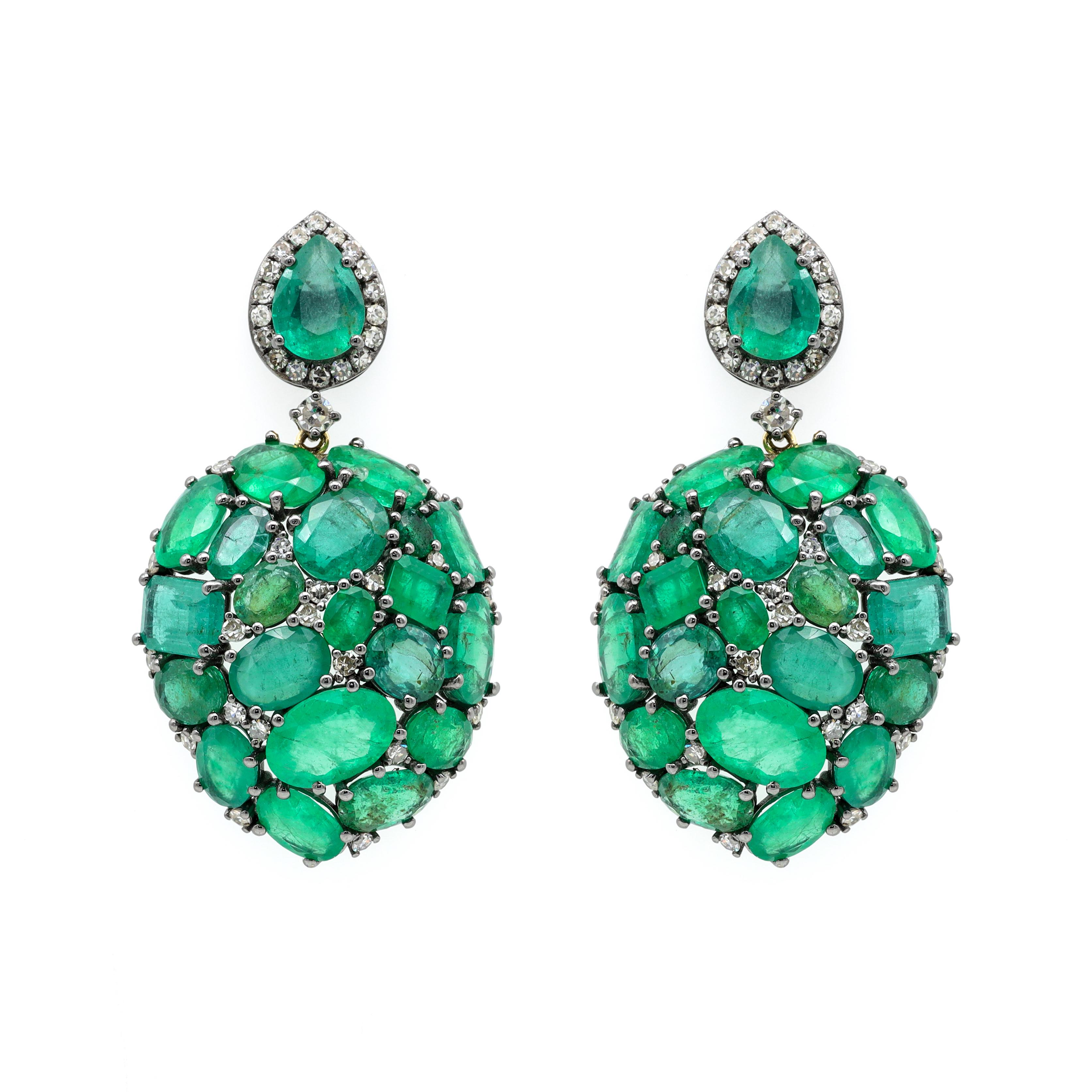 Women's Natural Emerald and Diamond Teardrop Earrings in Victorian Style For Sale