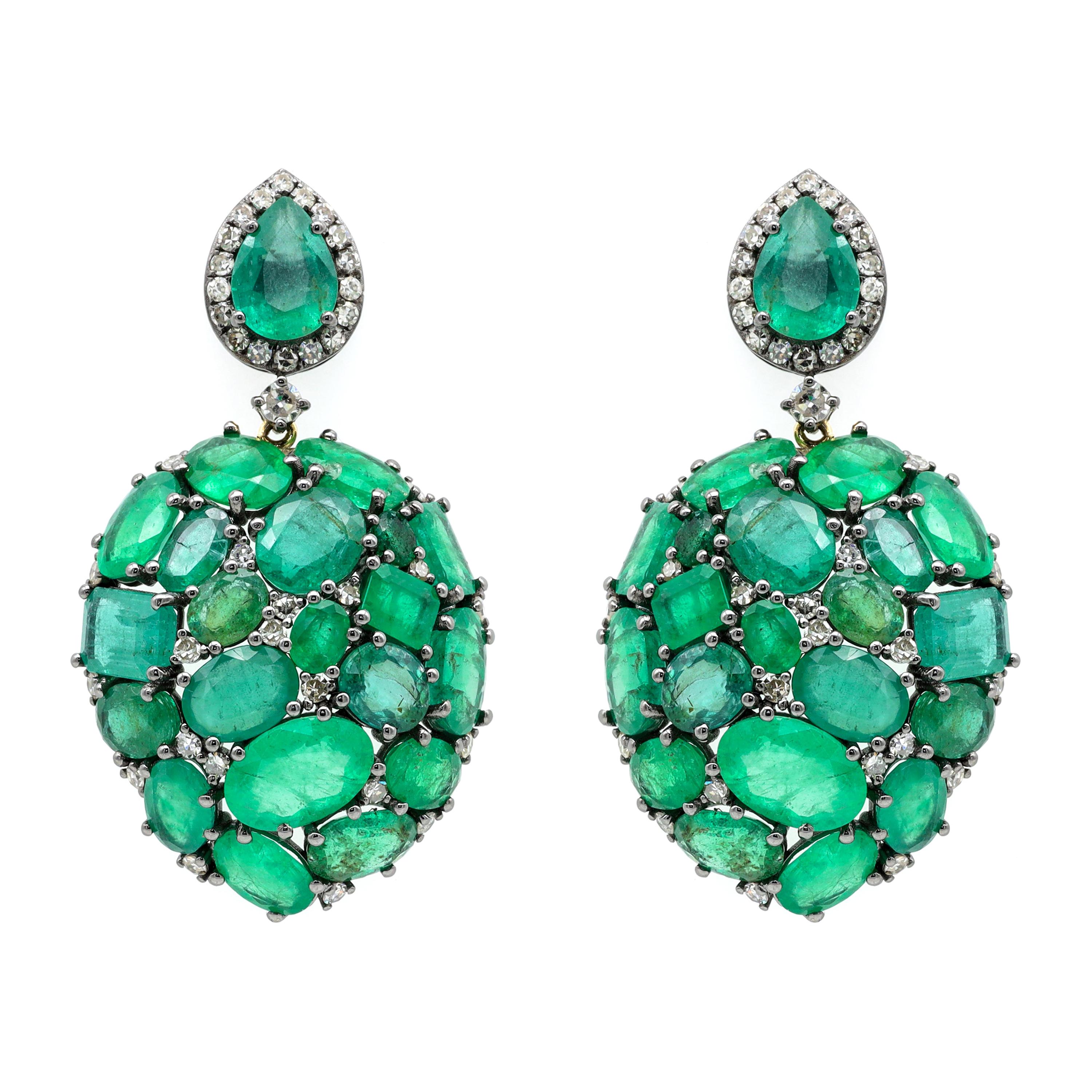 Natural Emerald and Diamond Teardrop Earrings in Victorian Style