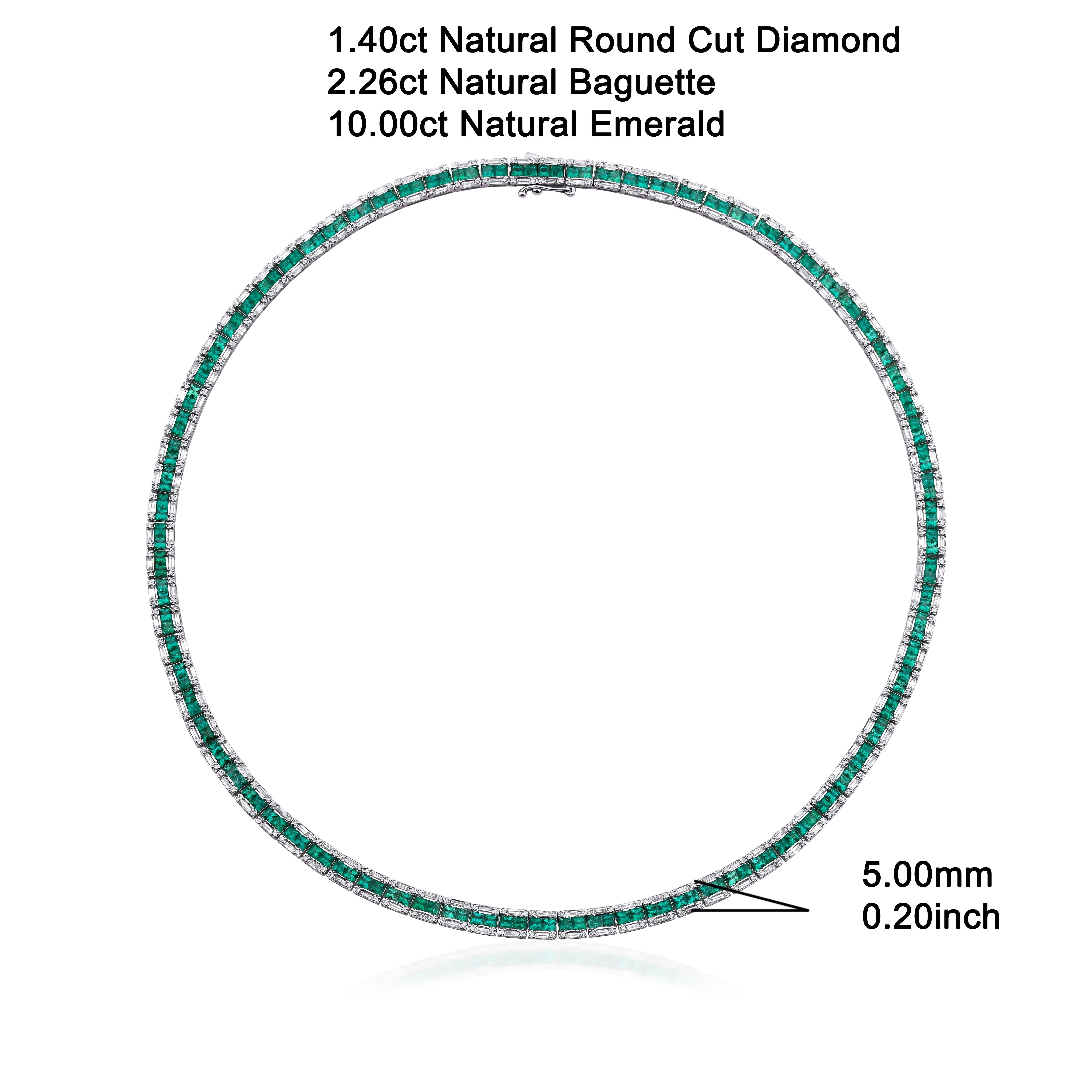 Emerald And Diamond Tennis 13.66ct Solid Gold Necklace For Sale 4