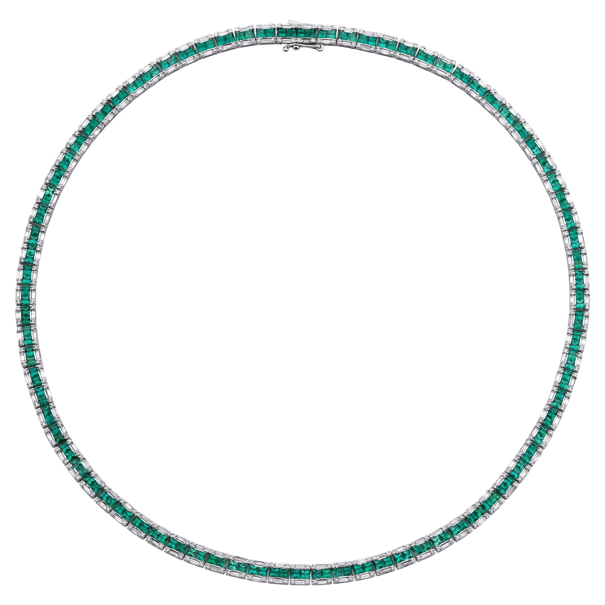 Emerald And Diamond Tennis 13.66ct Solid Gold Necklace For Sale