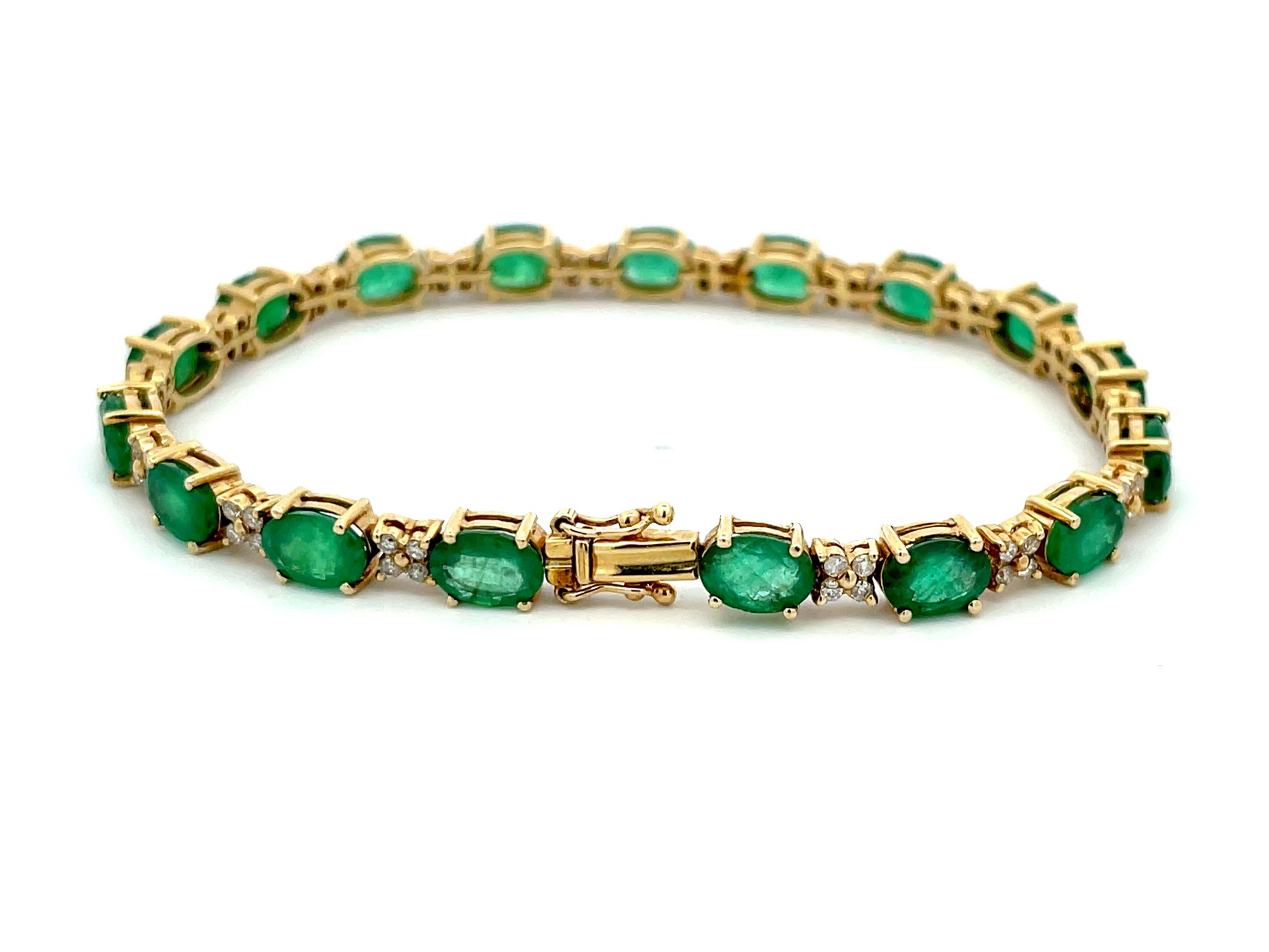 Oval Cut Emerald and Diamond Tennis Bracelet in 14k Yellow Gold For Sale