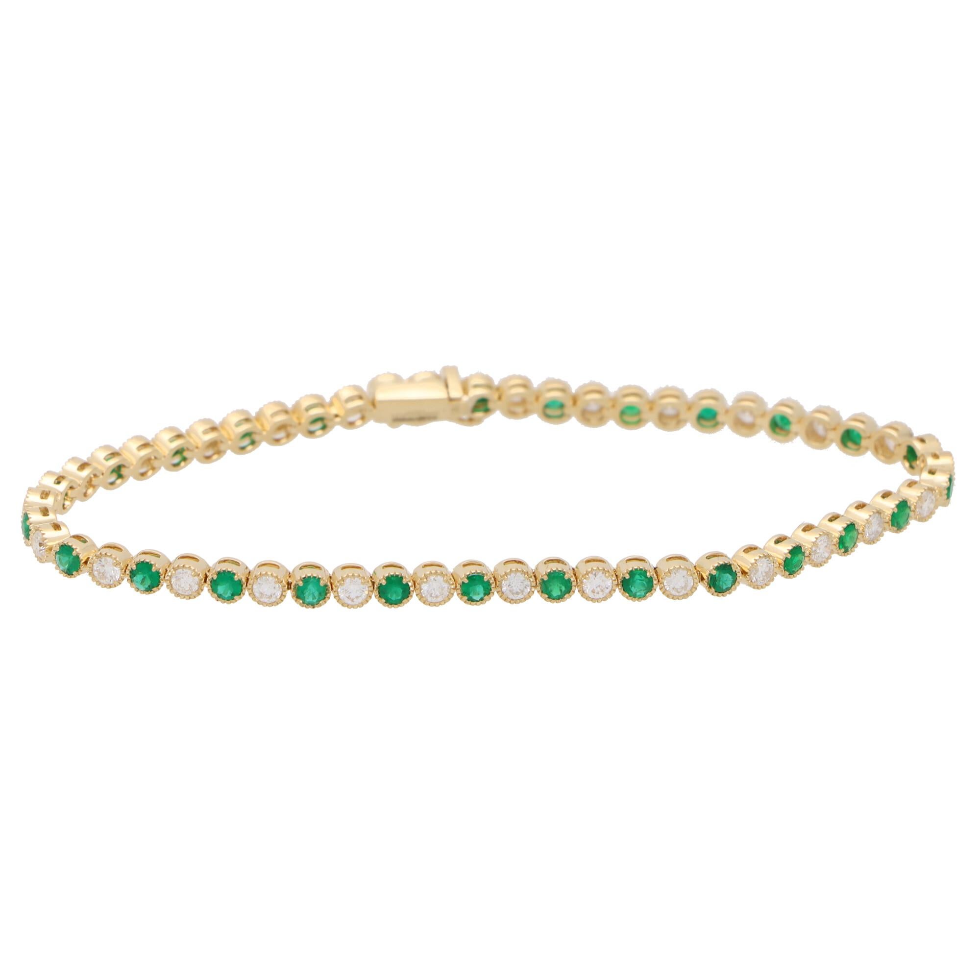 Modern Emerald and Diamond Tennis Line Bracelet Set in 18k Yellow Gold