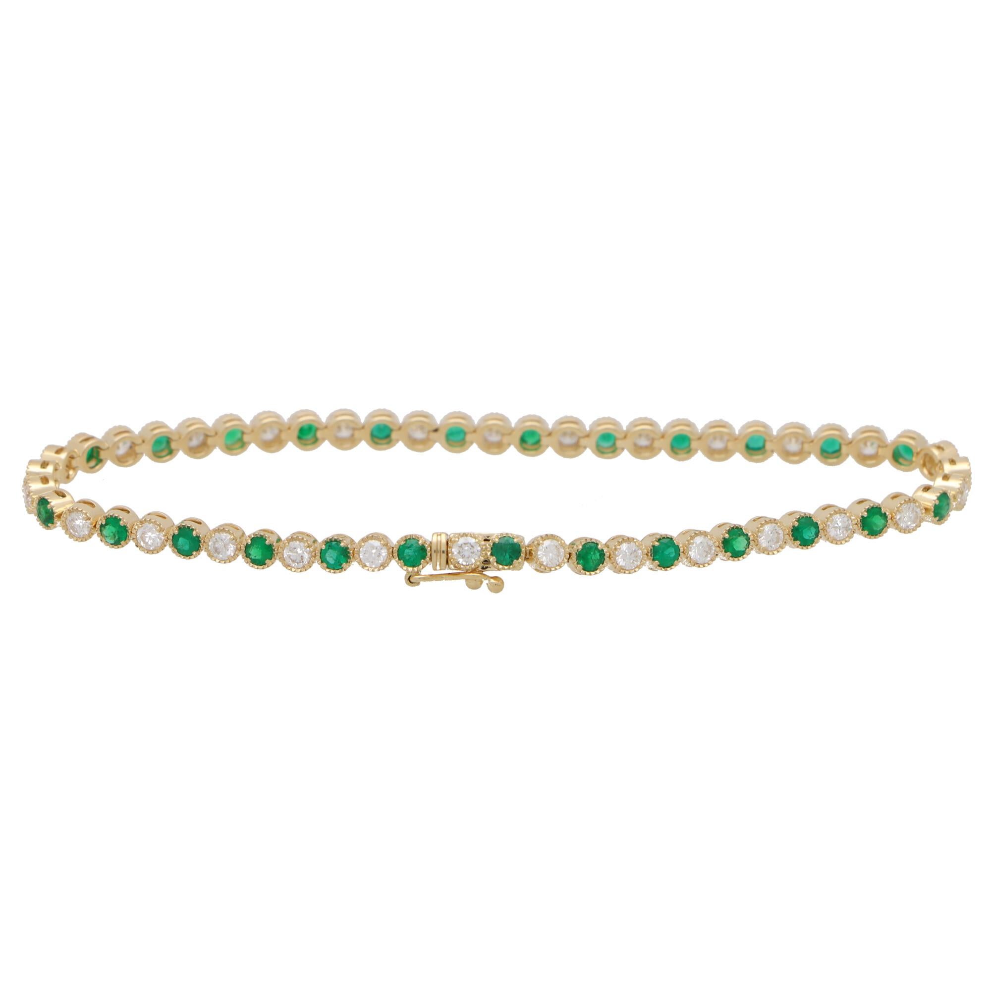 Round Cut Emerald and Diamond Tennis Line Bracelet Set in 18k Yellow Gold