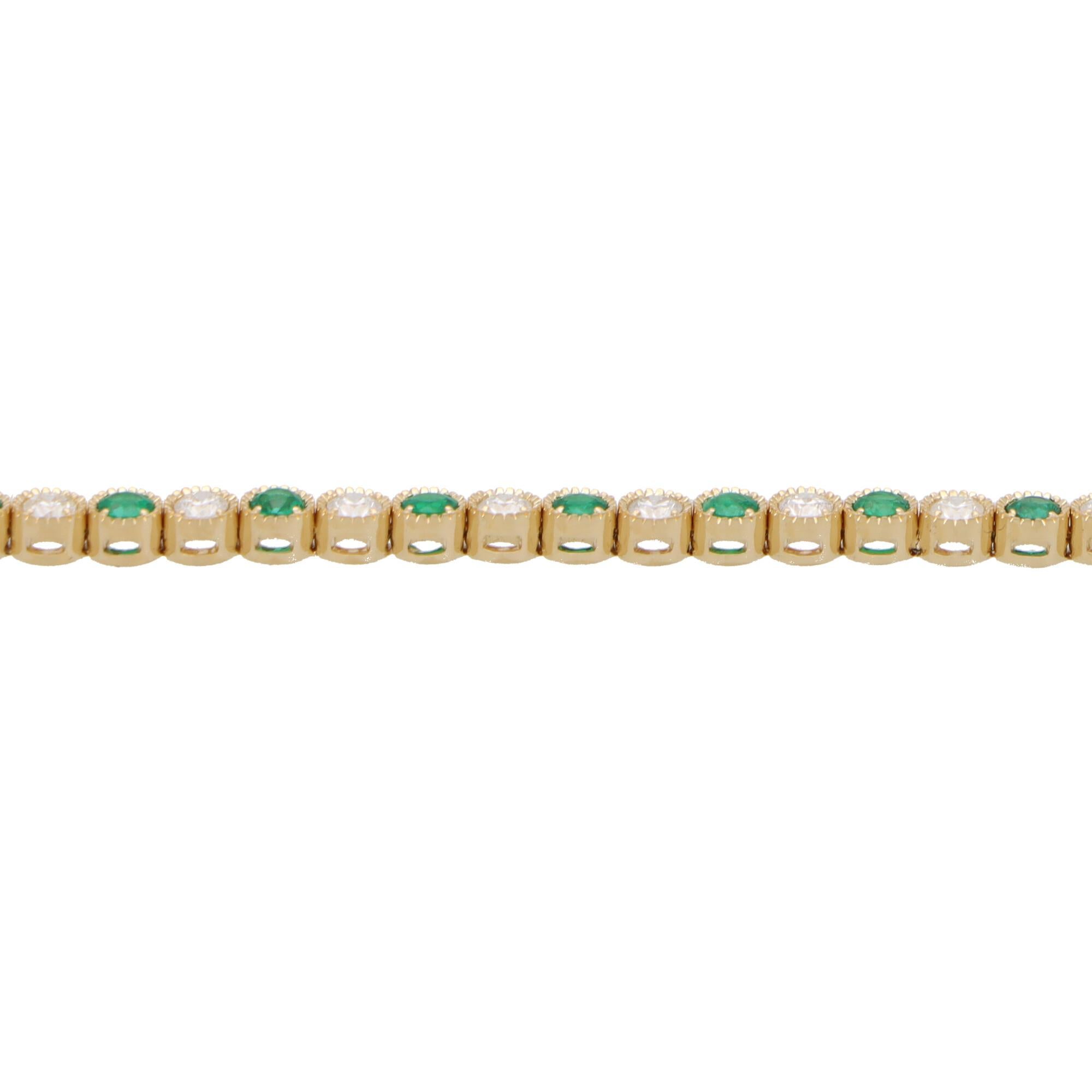 Emerald and Diamond Tennis Line Bracelet Set in 18k Yellow Gold In Good Condition In London, GB
