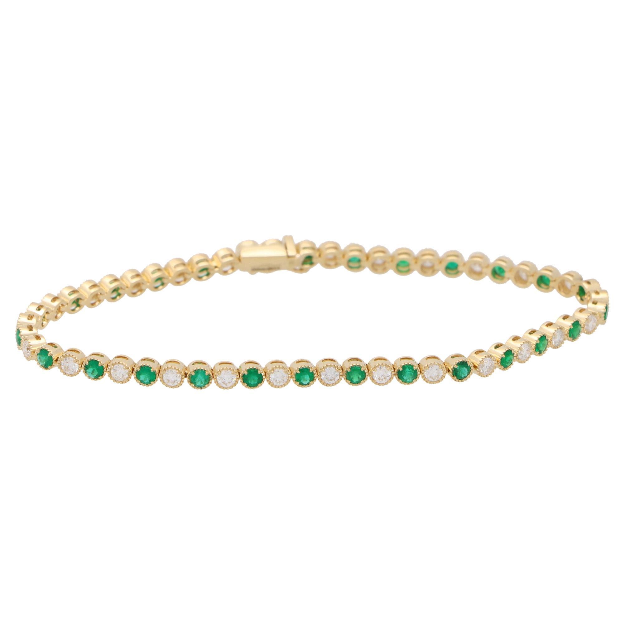 Emerald and Diamond Tennis Line Bracelet Set in 18k Yellow Gold