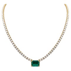 Emerald and Diamond Tennis Necklace in 18K Yellow Gold