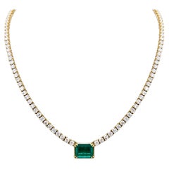 Emerald and Diamond Tennis Necklace in 18K Yellow Gold