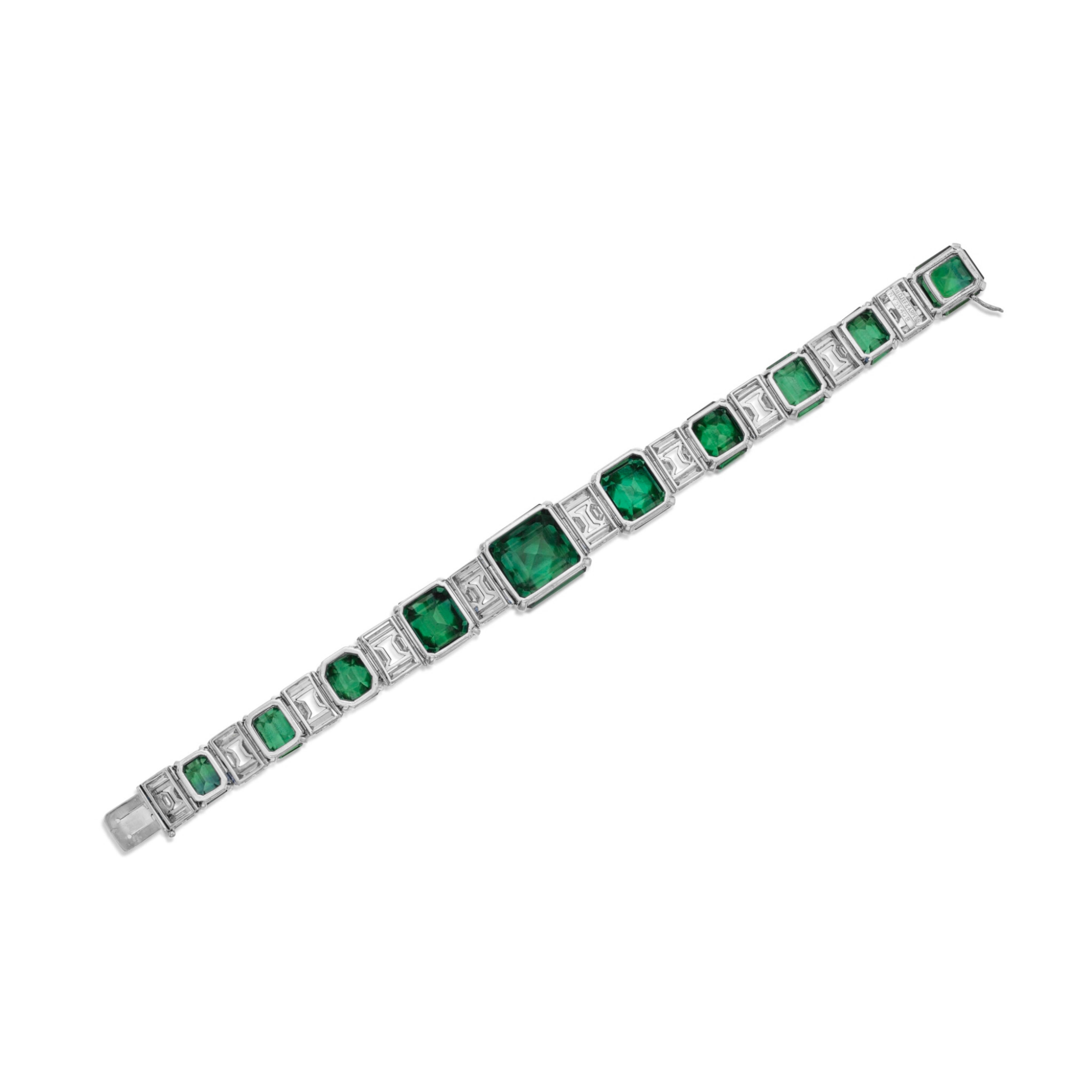 Contemporary Emerald and Diamond Tennis Platinum Bracelet For Sale
