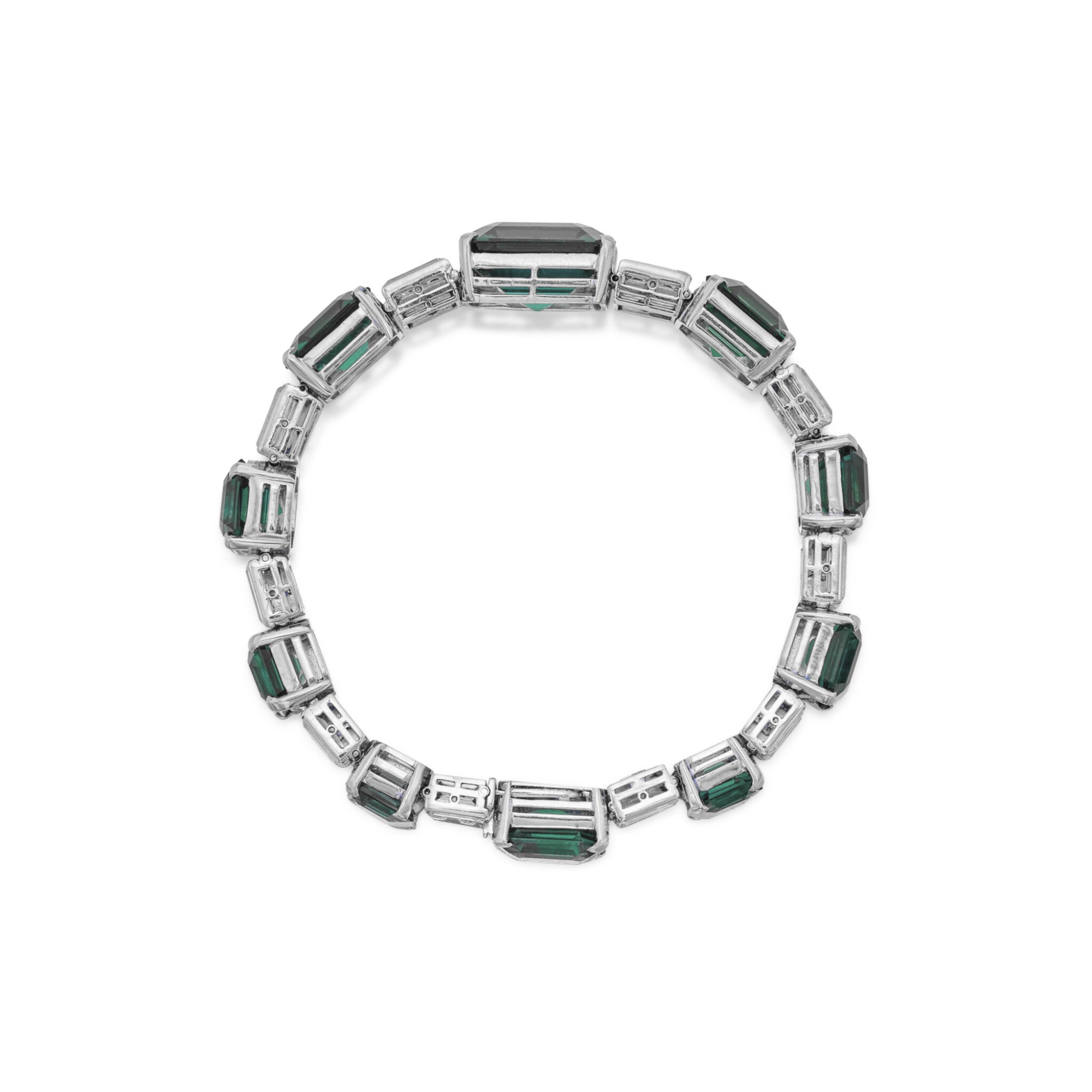 Emerald Cut Emerald and Diamond Tennis Platinum Bracelet For Sale