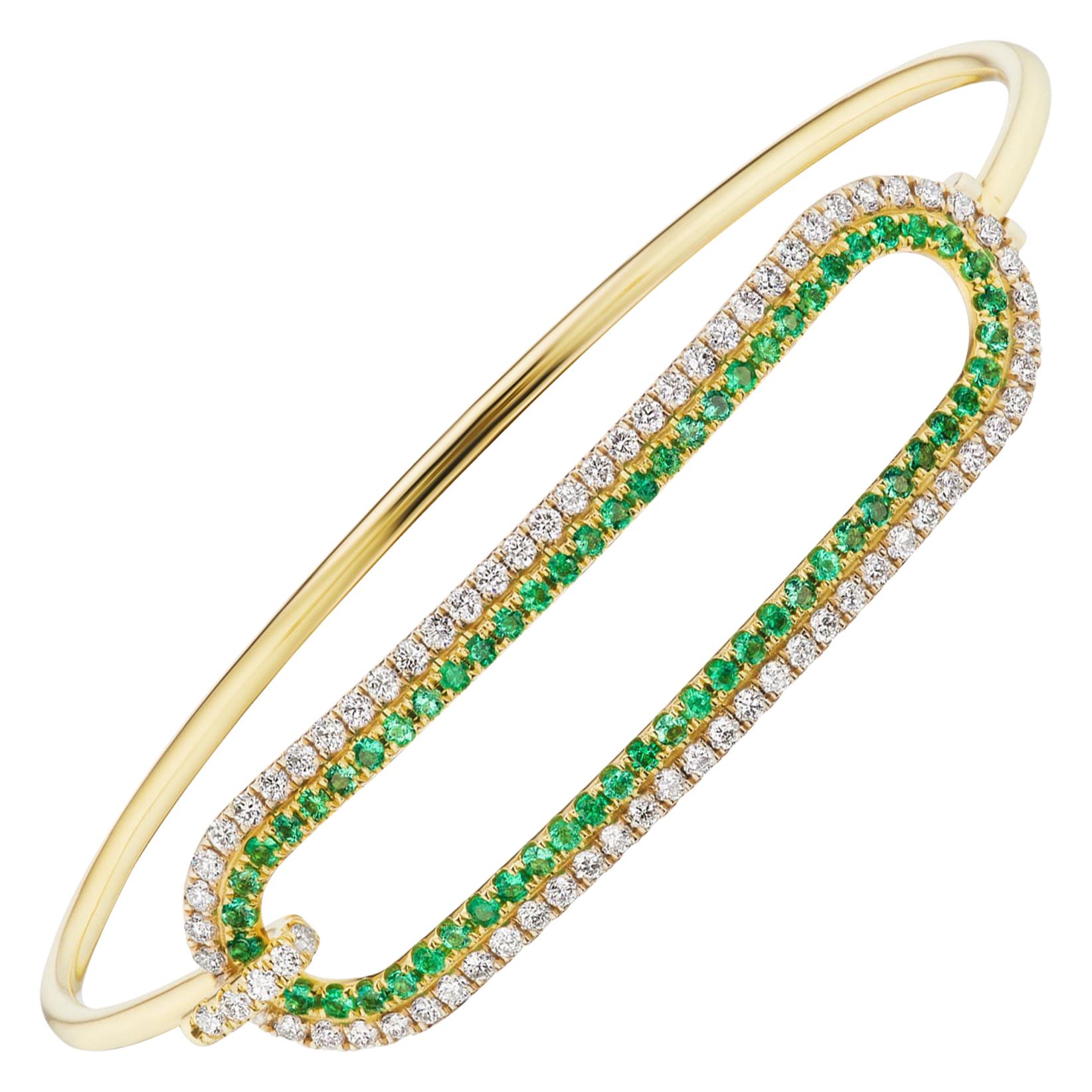 Bracelet de tension en or 18 carats avec émeraudes et diamants en vente