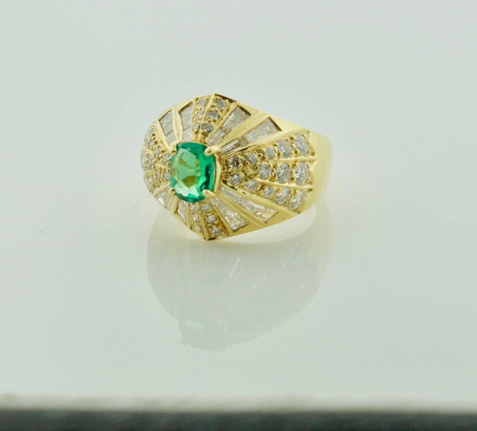 Oval Cut Emerald and Diamond Terrell and Zimmelman 18 Karat Yellow Gold Ring For Sale