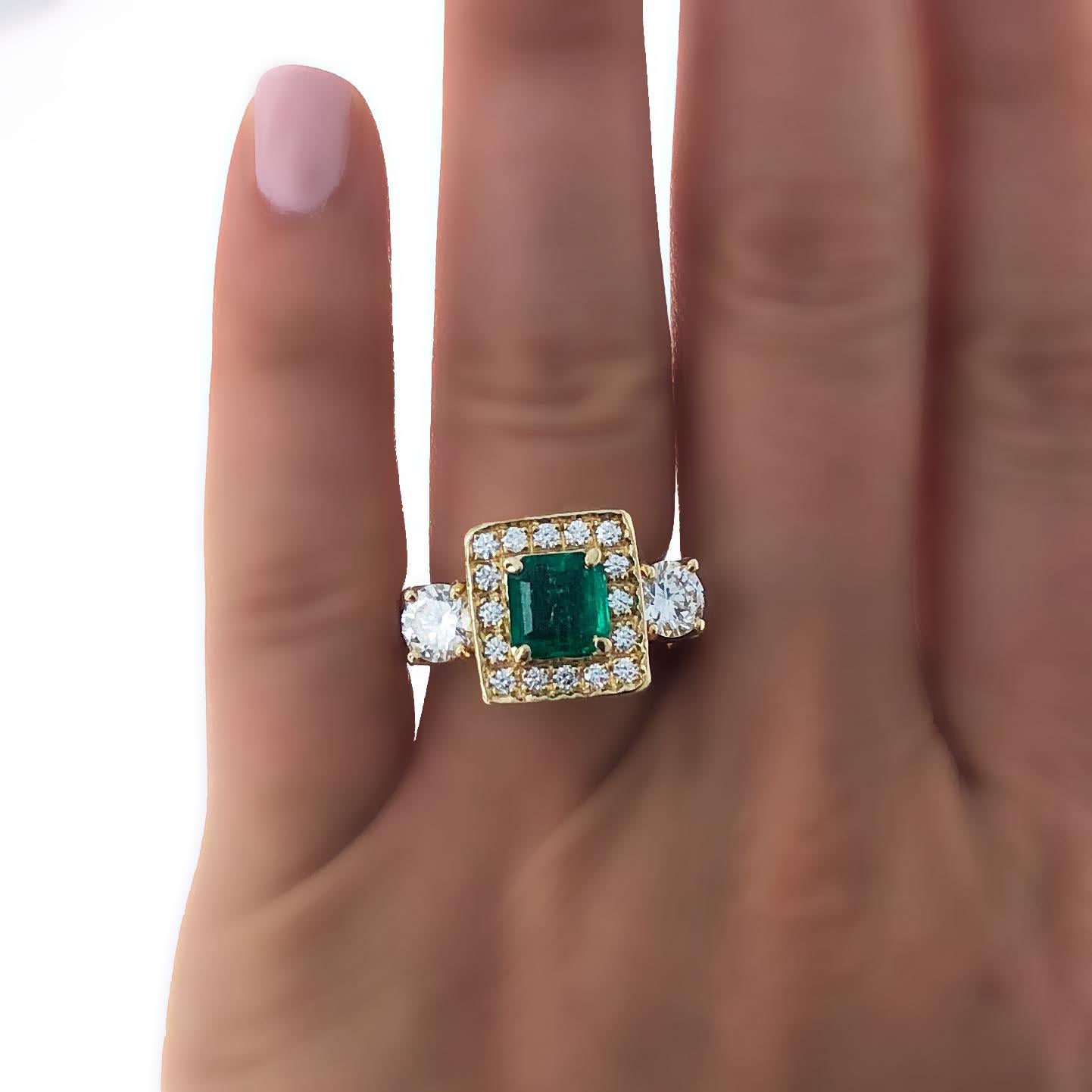 Modern Emerald and Diamond Three-Stone Cocktail Ring For Sale