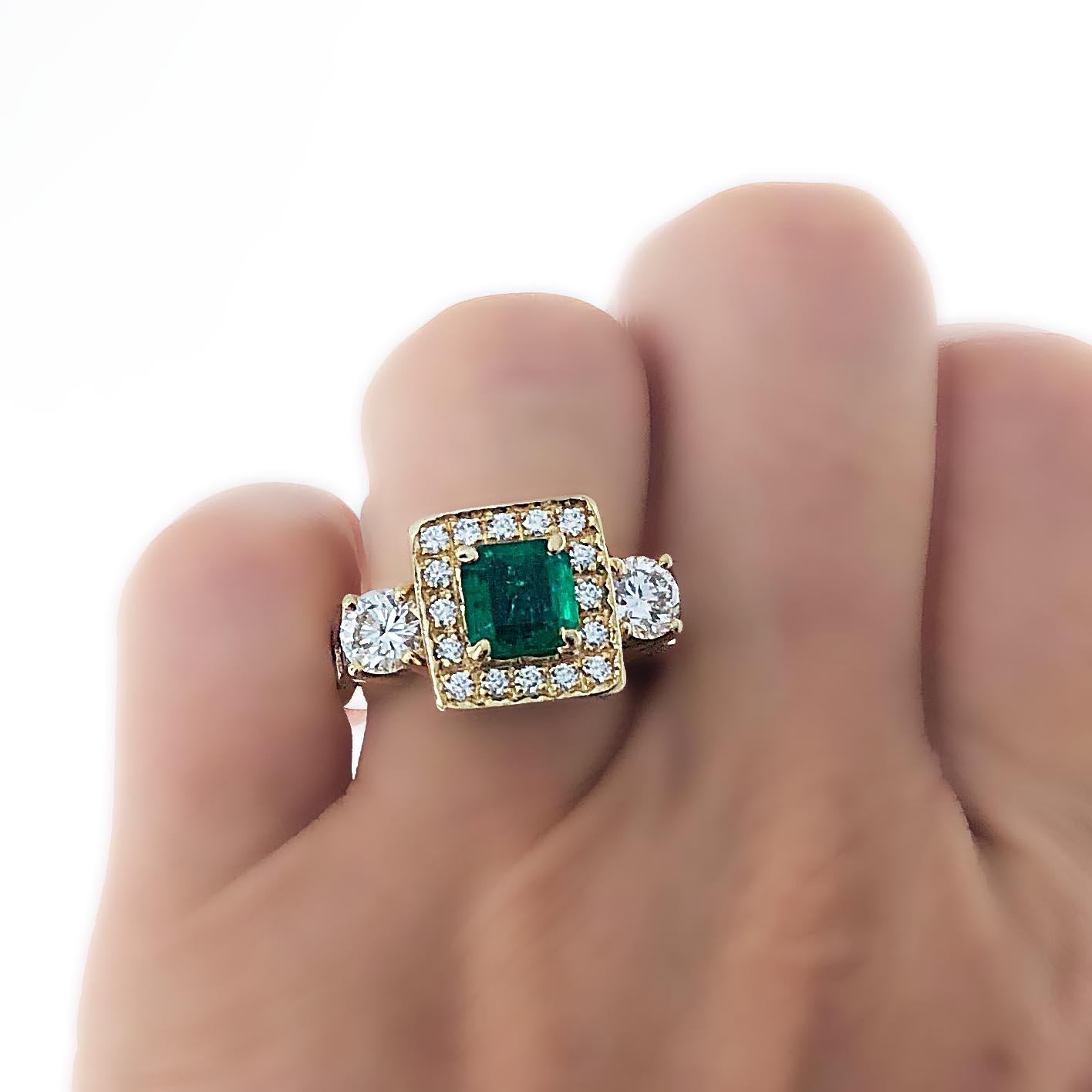 Emerald Cut Emerald and Diamond Three-Stone Cocktail Ring For Sale