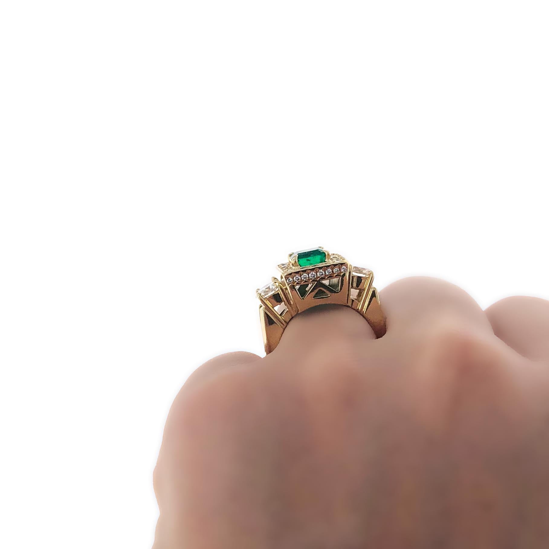 Emerald and Diamond Three-Stone Cocktail Ring In Excellent Condition For Sale In Beverly Hills, CA