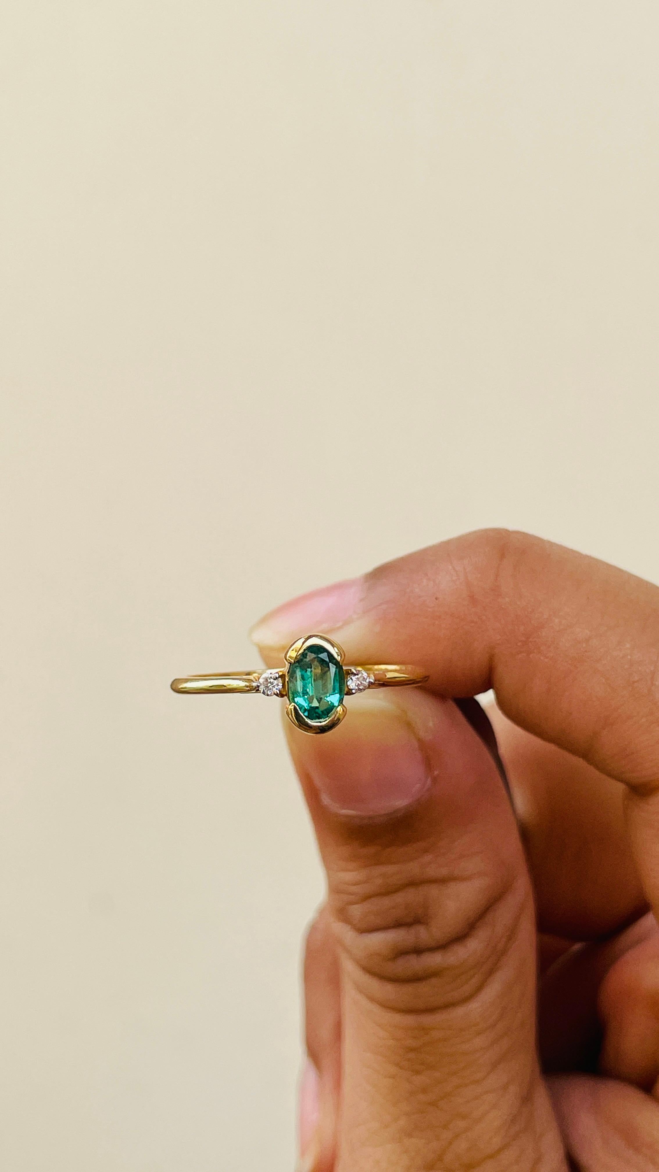 For Sale:  Emerald and Diamond Three Stone Engagement Ring in 14K Yellow Gold 5